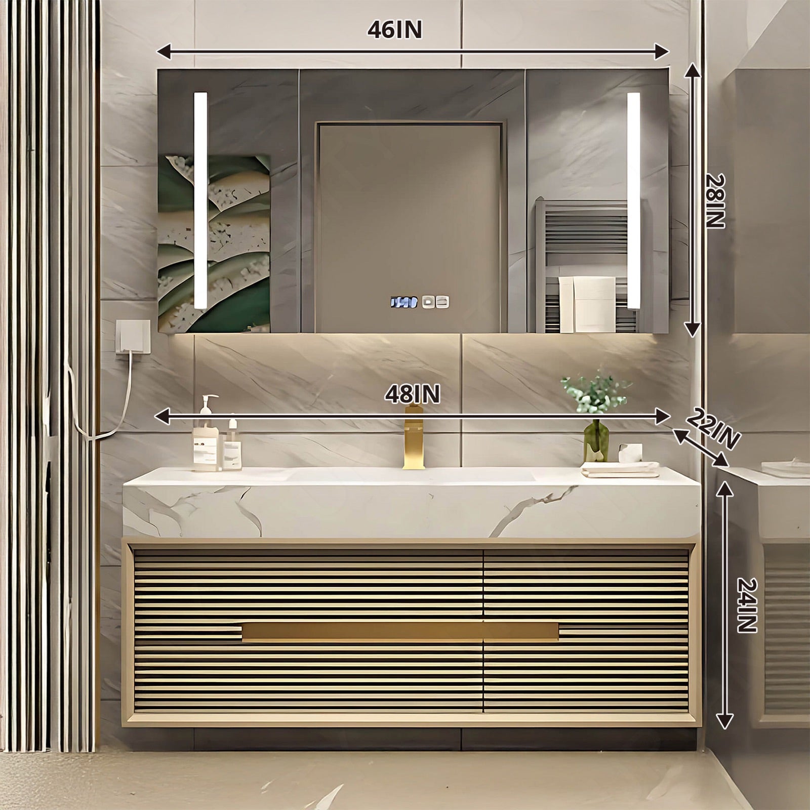 Luxury Bath Vanity Set, Gold, Striped Panel, 32"- 72", Double/Single, Floating, Smart LED Mirror, Rear Cabinet