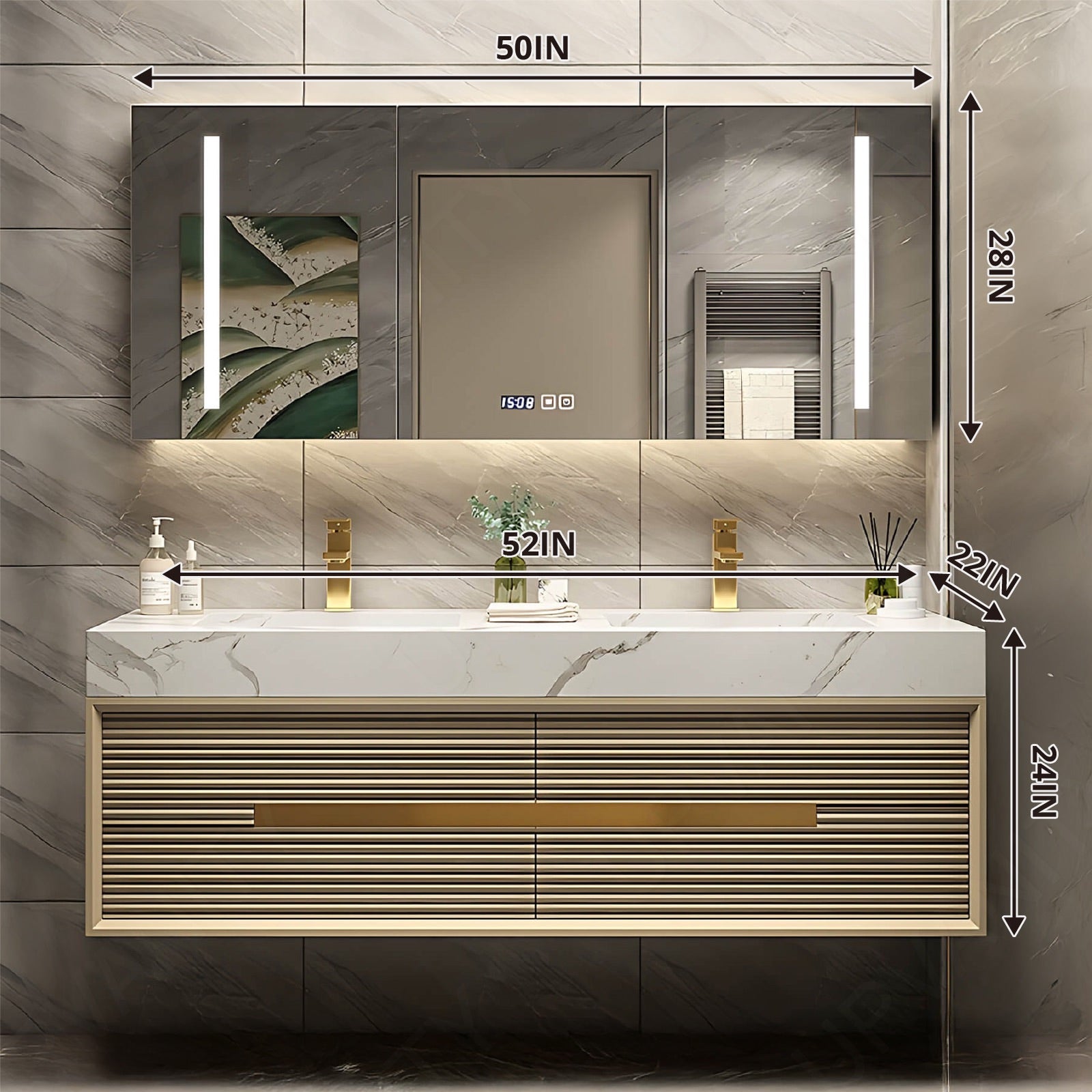 Luxury Bath Vanity Set, Gold, Striped Panel, 32"- 72", Double/Single, Floating, Smart LED Mirror, Rear Cabinet