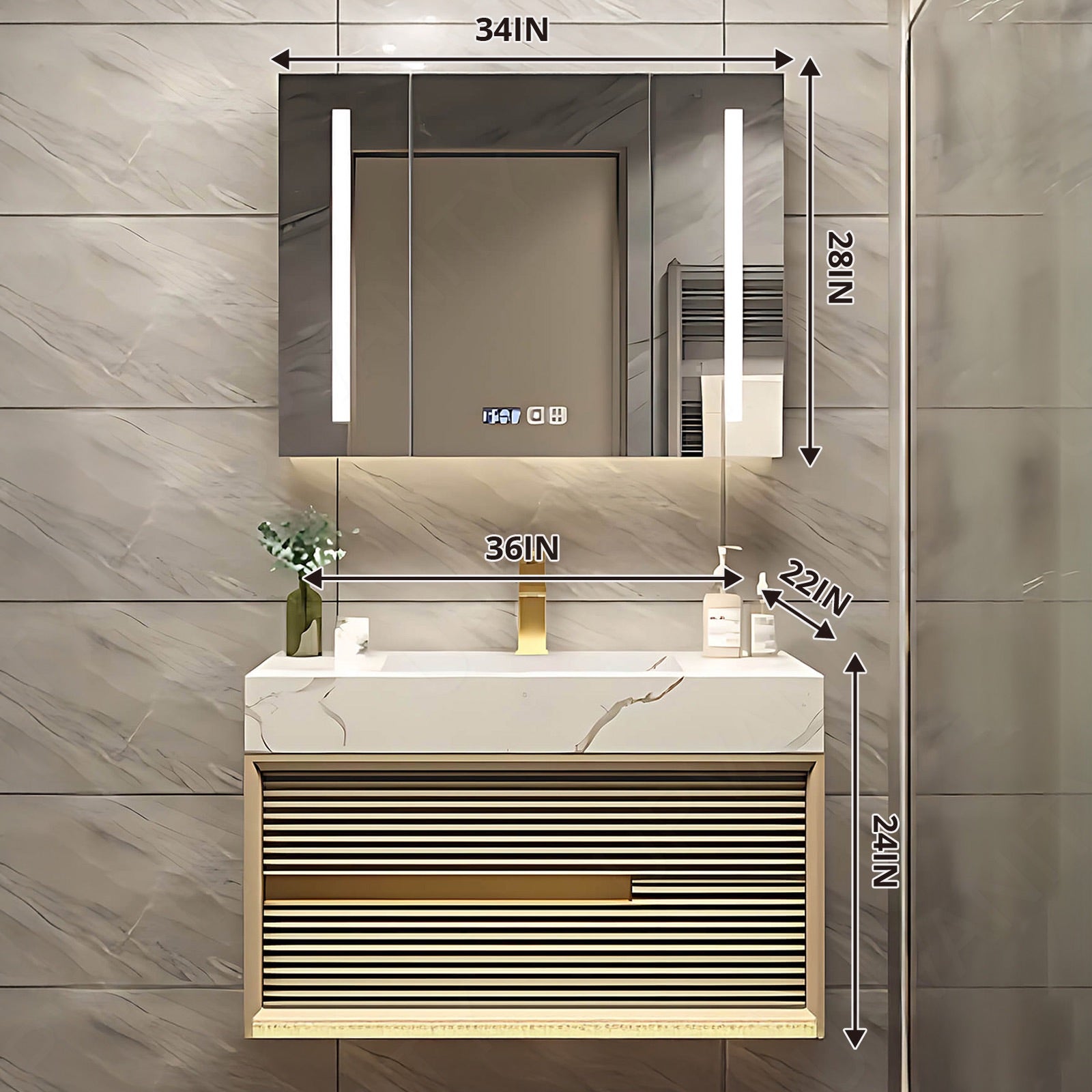 Luxury Bath Vanity Set, Gold, Striped Panel, 32"- 72", Double/Single, Floating, Smart LED Mirror, Rear Cabinet