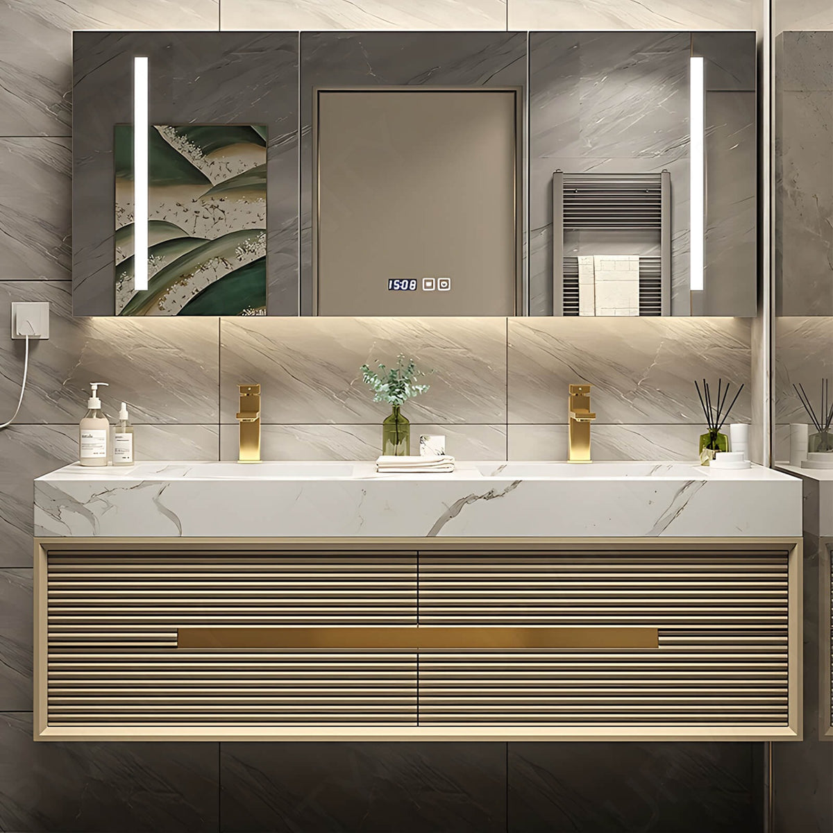 Luxury Bath Vanity Set, Gold, Striped Panel, 32"- 72", Double/Single, Floating, Smart LED Mirror, Rear Cabinet