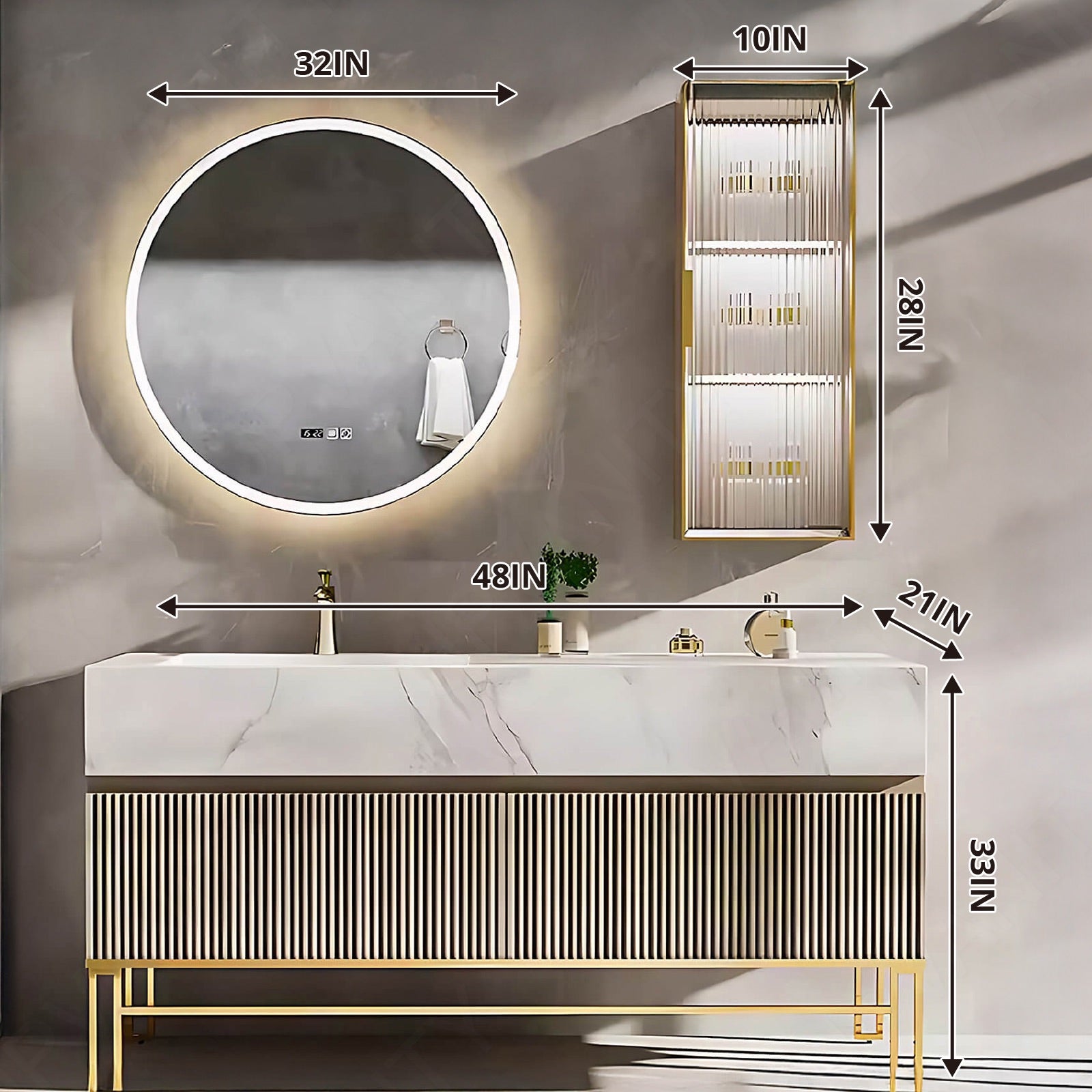 Luxury Bath Vanity Set, Gold, Striped Panel, 32"- 78", Single, Freestanding, Round Smart LED Mirror, Side Cabinet