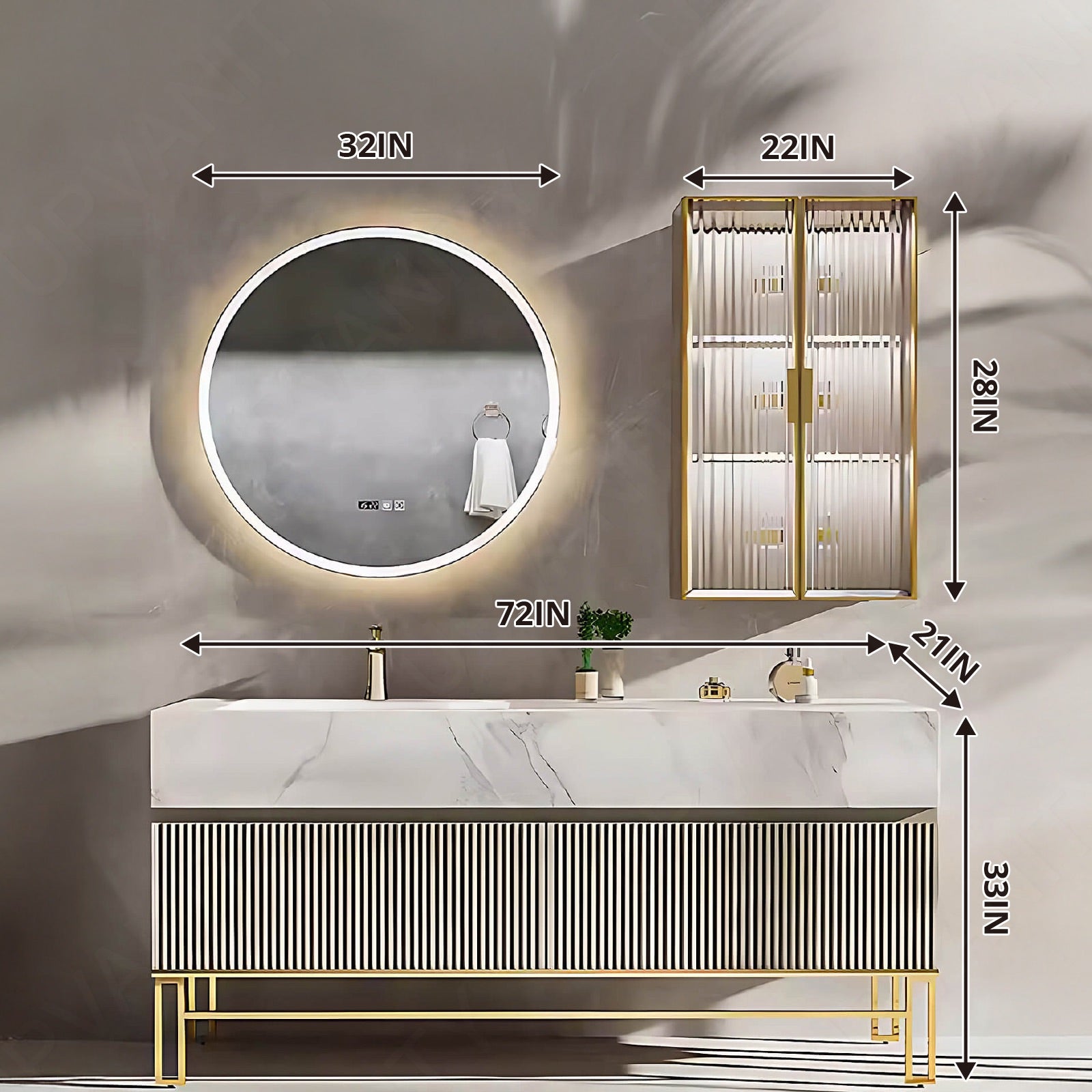 Luxury Bath Vanity Set, Gold, Striped Panel, 32"- 78", Single, Freestanding, Round Smart LED Mirror, Side Cabinet