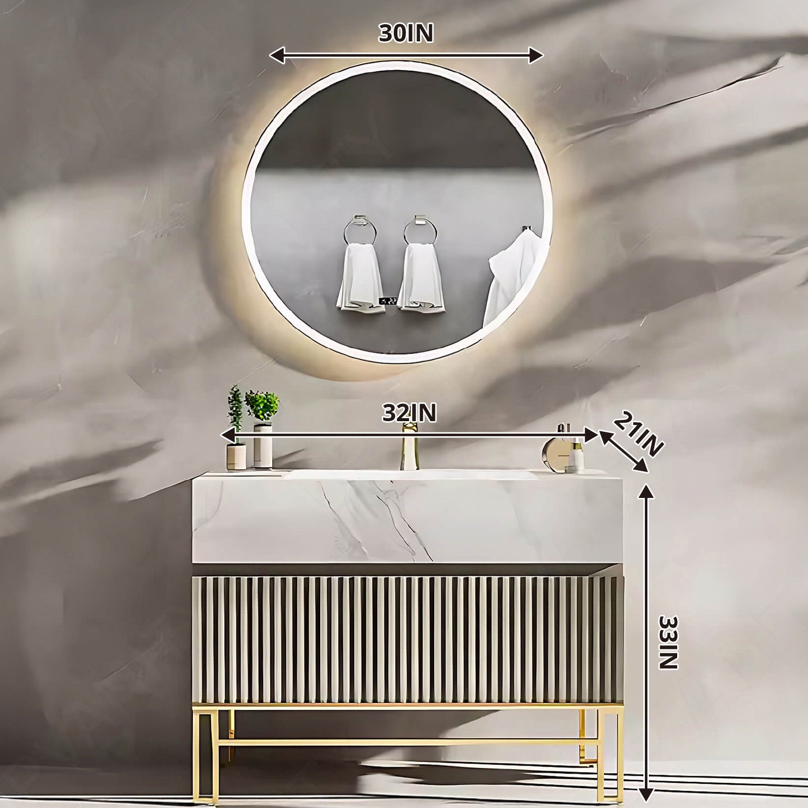 Luxury Bath Vanity Set, Gold, Striped Panel, 32"- 78", Single, Freestanding, Round Smart LED Mirror, Side Cabinet