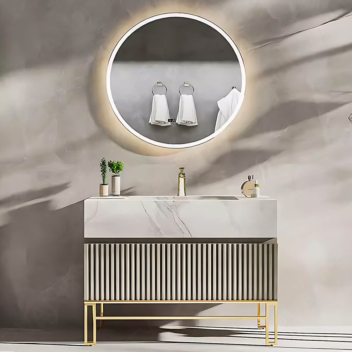 Luxury Bath Vanity Set, Gold, Striped Panel, 32"- 78", Single, Freestanding, Round Smart LED Mirror, Side Cabinet