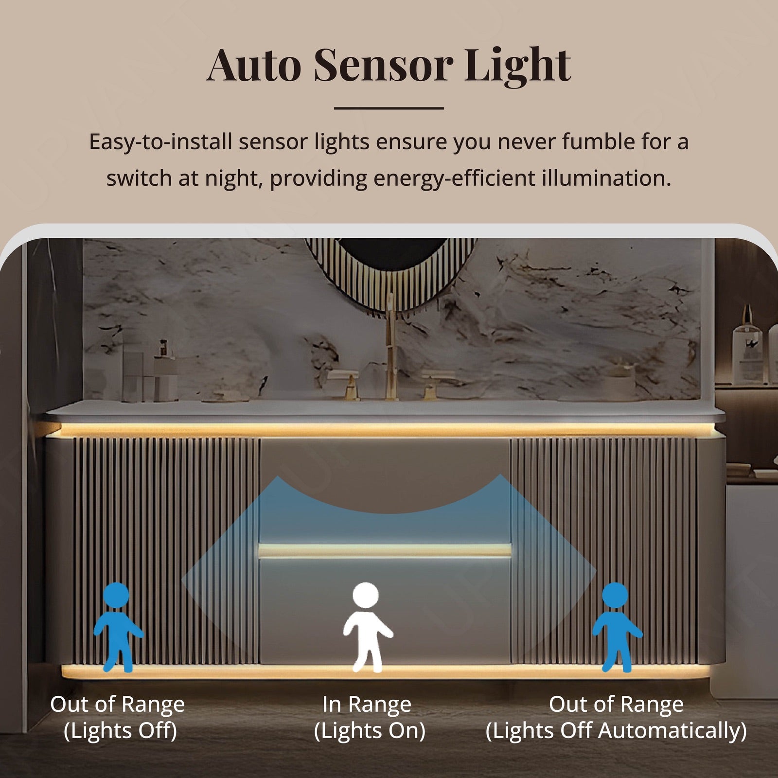 Luxury Bath Vanity Set, Gold, Striped Panel, 36"- 52", Single, Floating, Sensor Light, Oval Smart LED Mirror