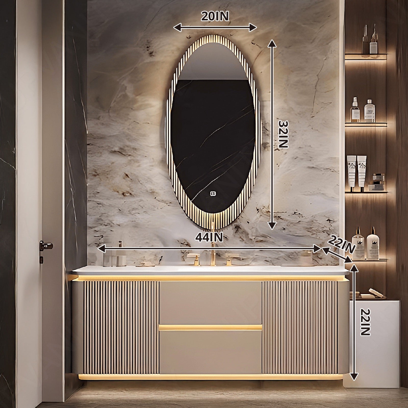 Luxury Bath Vanity Set, Gold, Striped Panel, 36"- 52", Single, Floating, Sensor Light, Oval Smart LED Mirror