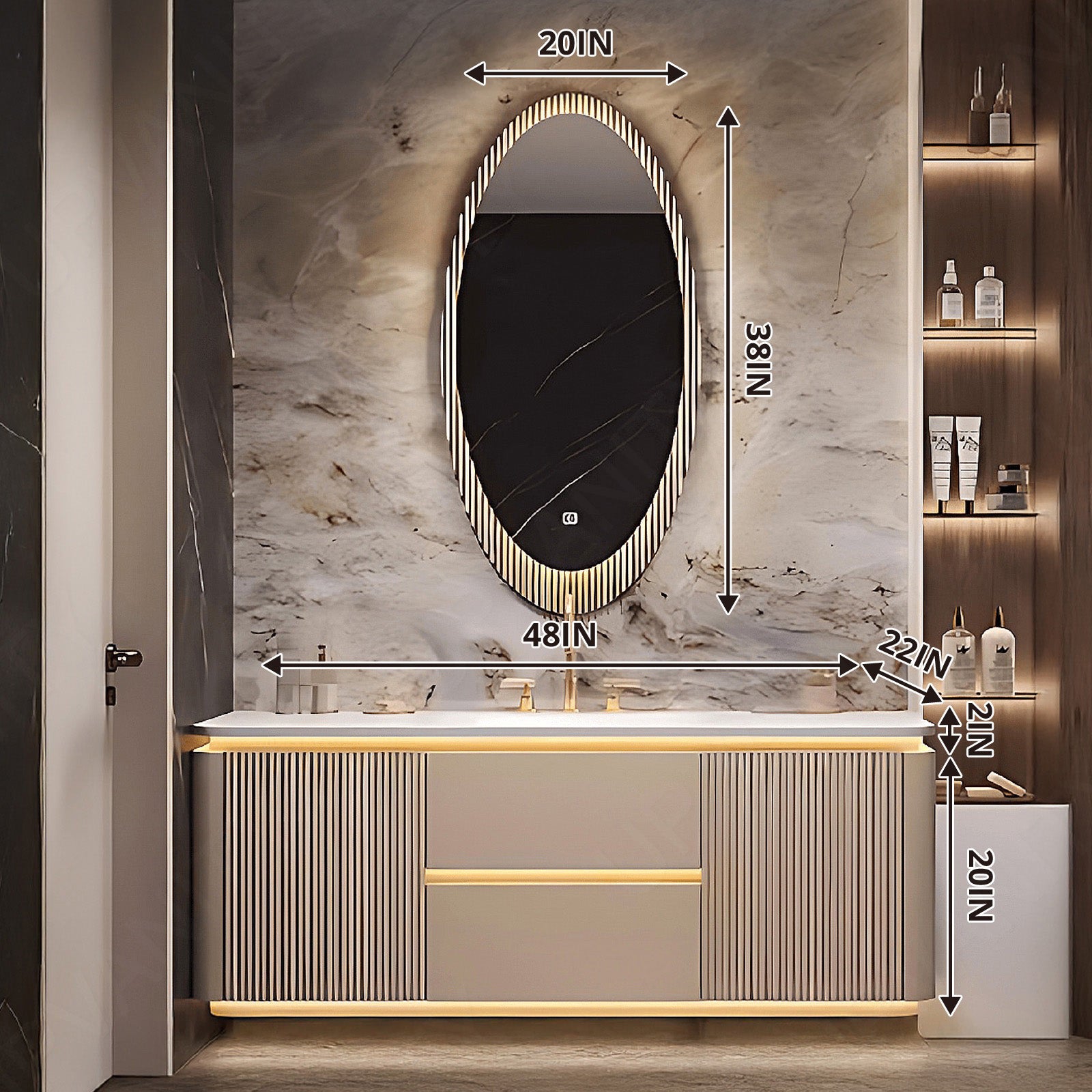 Luxury Bath Vanity Set, Gold, Striped Panel, 40"- 52", Single, Floating, Sensor Light, Oval Smart LED Mirror