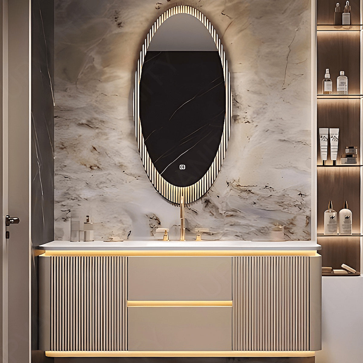 Luxury Bath Vanity Set, Gold, Striped Panel, 40"- 52", Single, Floating, Sensor Light, Oval Smart LED Mirror