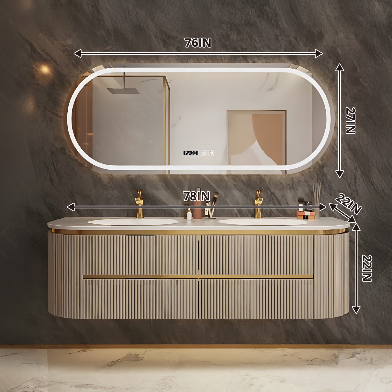 Luxury Bath Vanity Set, Gold, Striped Panel, 60"-78", Double, Floating, Rounded Edge, Smart LED Mirror