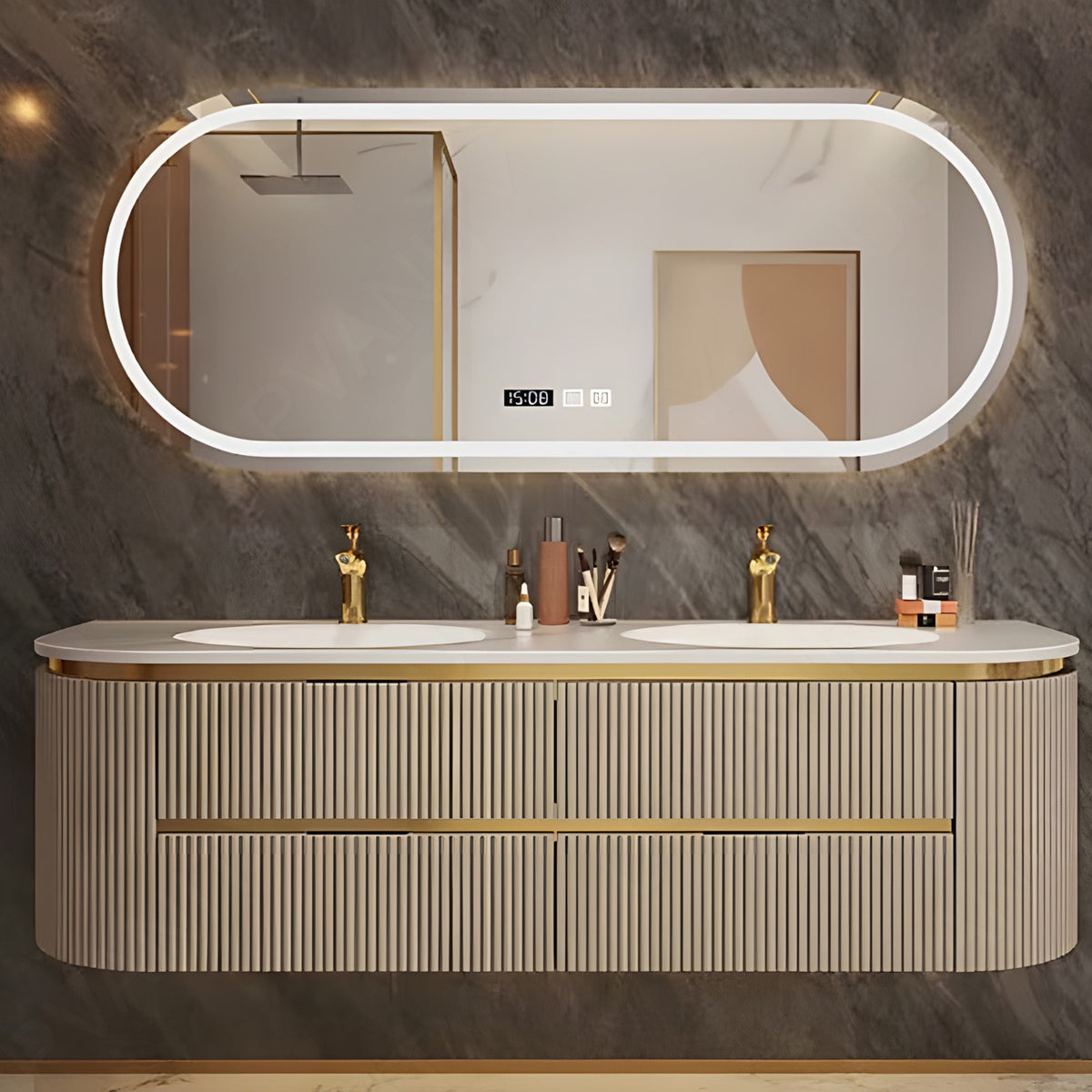 Luxury Bath Vanity Set, Gold, Striped Panel, 60"-78", Double, Floating, Rounded Edge, Smart LED Mirror
