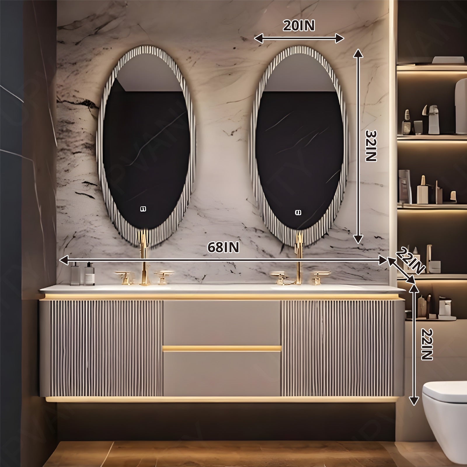 Luxury Bath Vanity Set, Gold, Striped Panel, White Slate Top, 52"- 78", Double, Floating, Sensor Light, Oval Smart LED Mirror