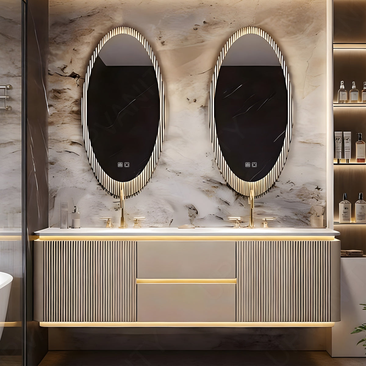 Luxury Bath Vanity Set, Gold, Striped Panel, White Slate Top, 52"- 78", Double, Floating, Sensor Light, Oval Smart LED Mirror