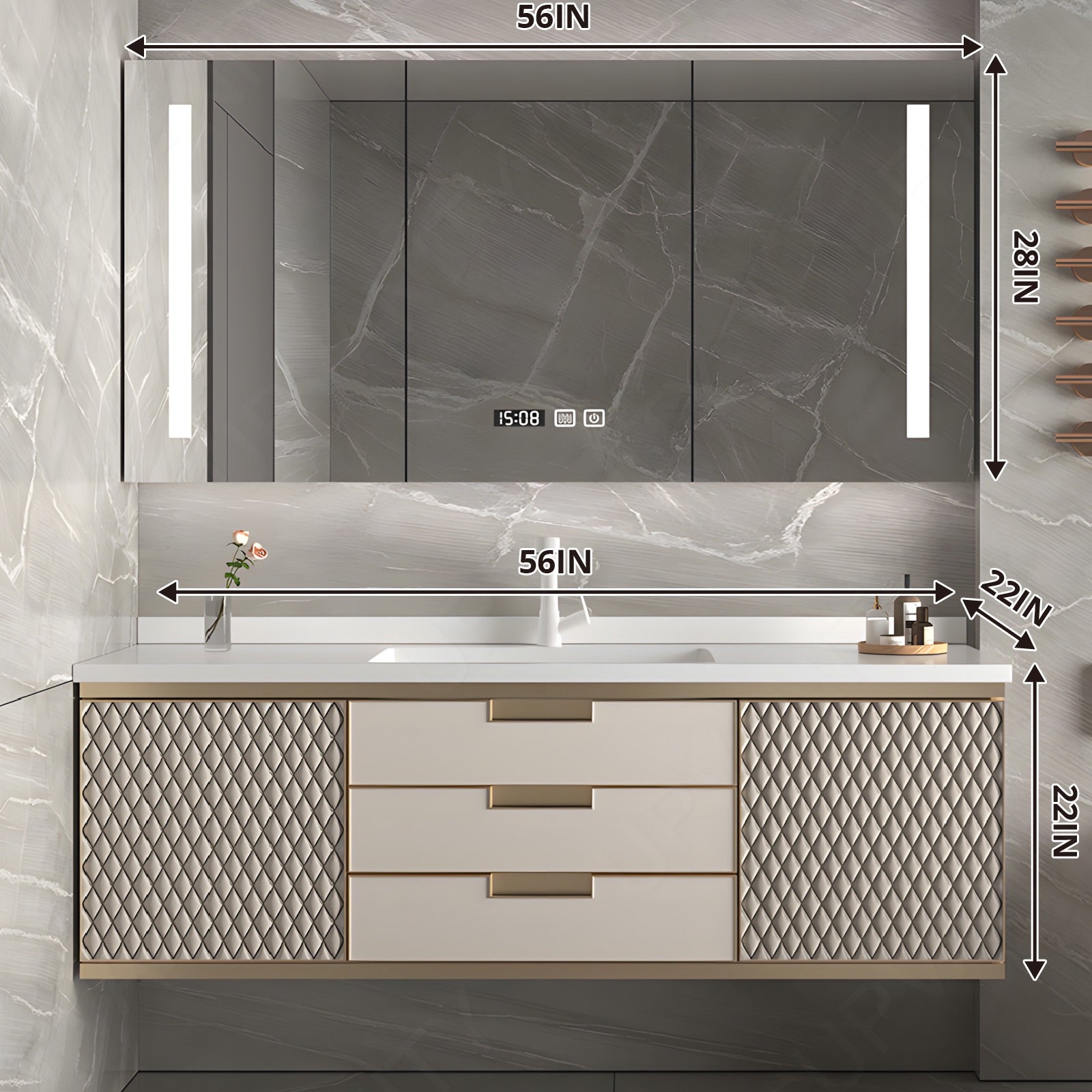 Luxury Bath Vanity Set, Gold, White Slate Top, 40"-64", Single, Floating, Smart LED Mirror, Rear Cabinet