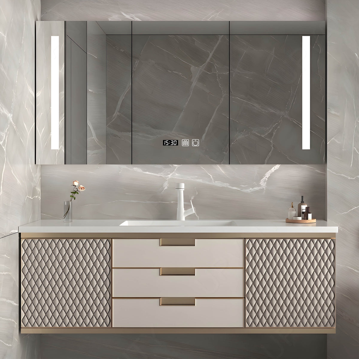Luxury Bath Vanity Set, Gold, White Slate Top, 40"-64", Single, Floating, Smart LED Mirror, Rear Cabinet