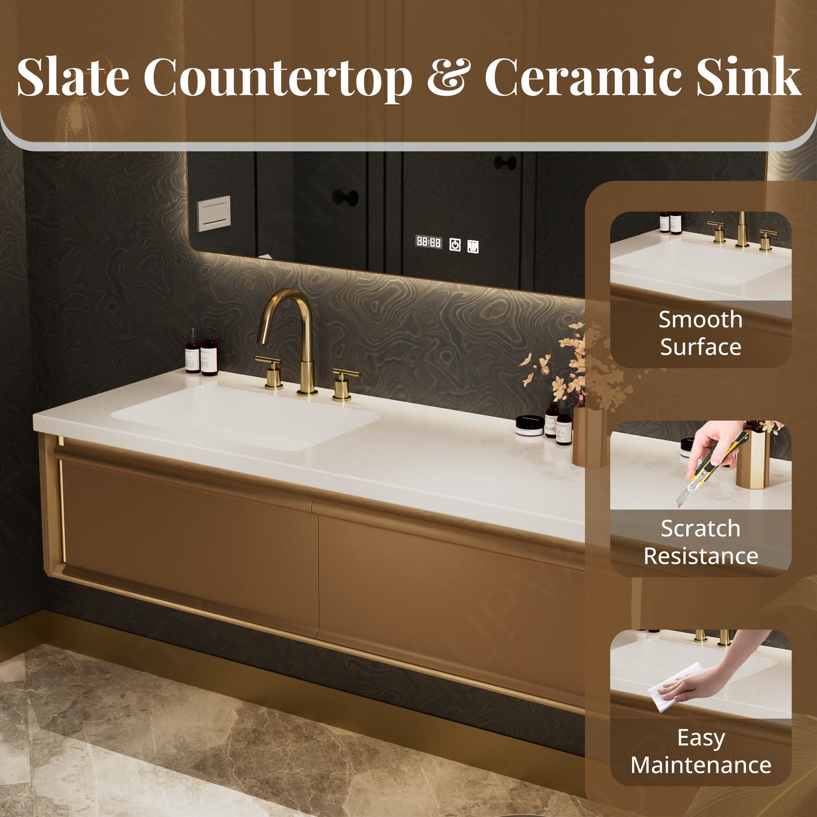 Luxury Bath Vanity Set, Gold, White Slate Top, 44"-64", Single, Floatig, Rectangular Smart LED Mirror, Sensor Light