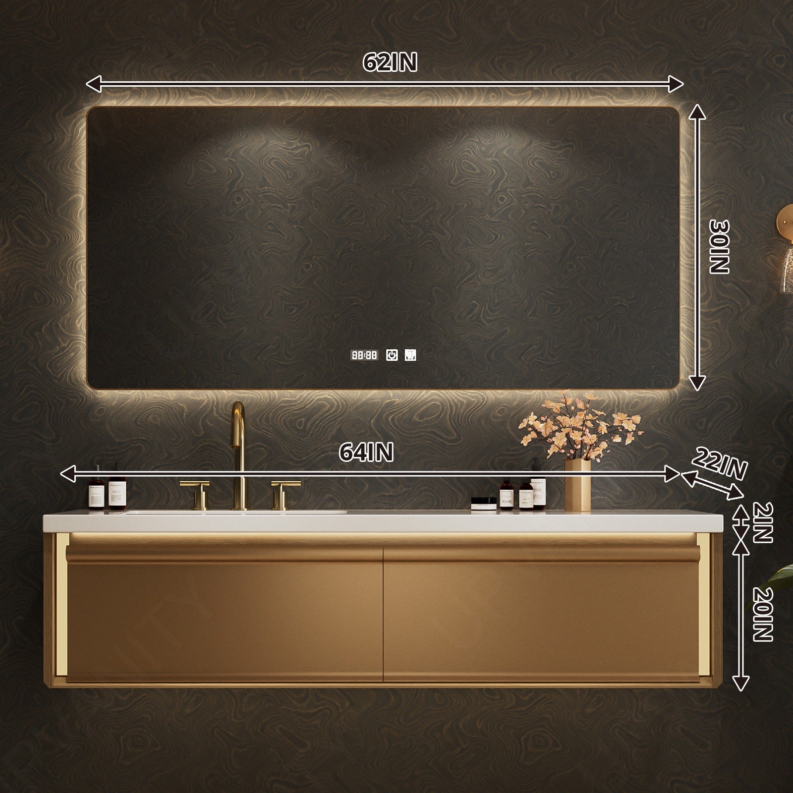 Luxury Bath Vanity Set, Gold, White Slate Top, 44"-64", Single, Floatig, Rectangular Smart LED Mirror, Sensor Light