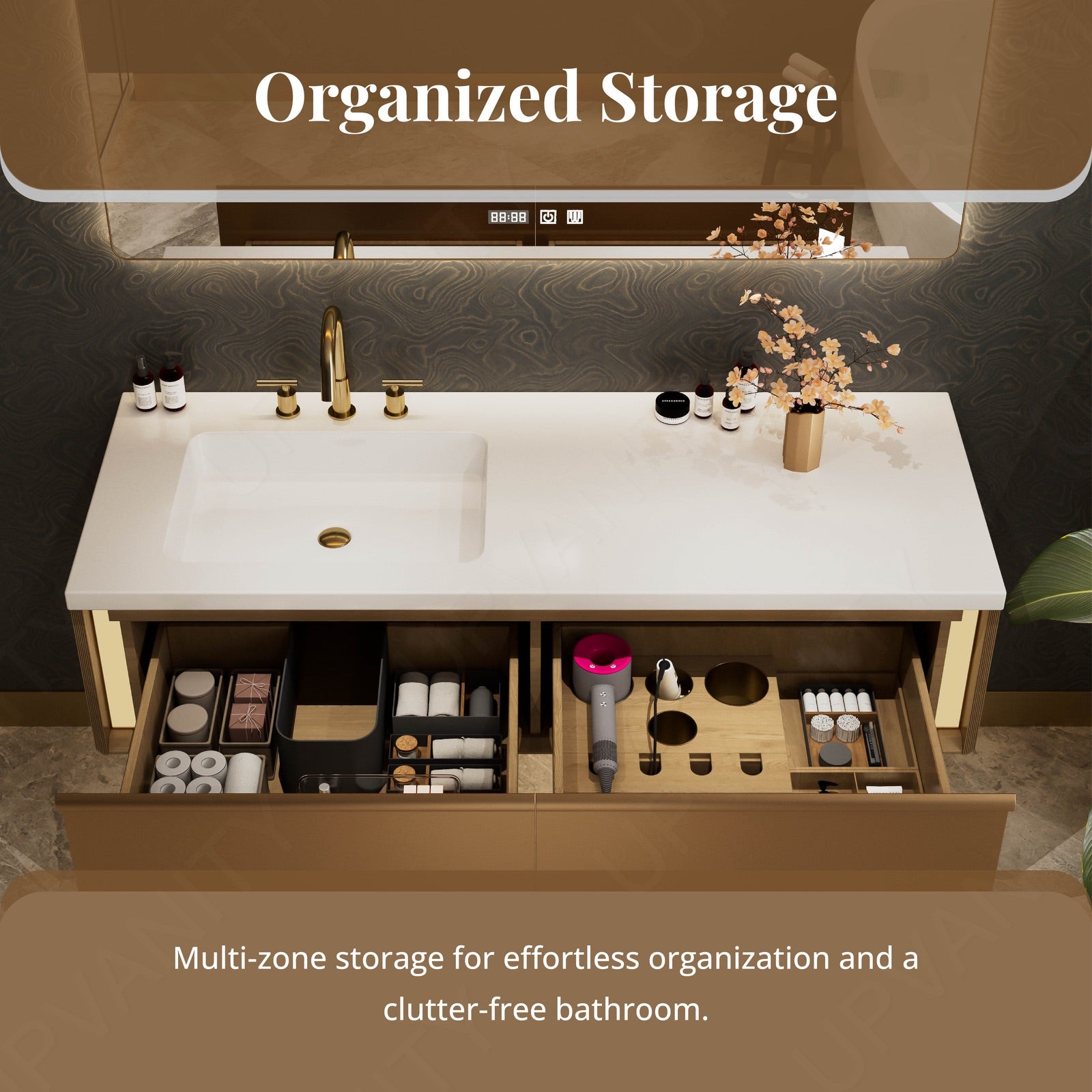 Luxury Bath Vanity Set, Gold, White Slate Top, 44"-64", Single, Floatig, Rectangular Smart LED Mirror, Sensor Light