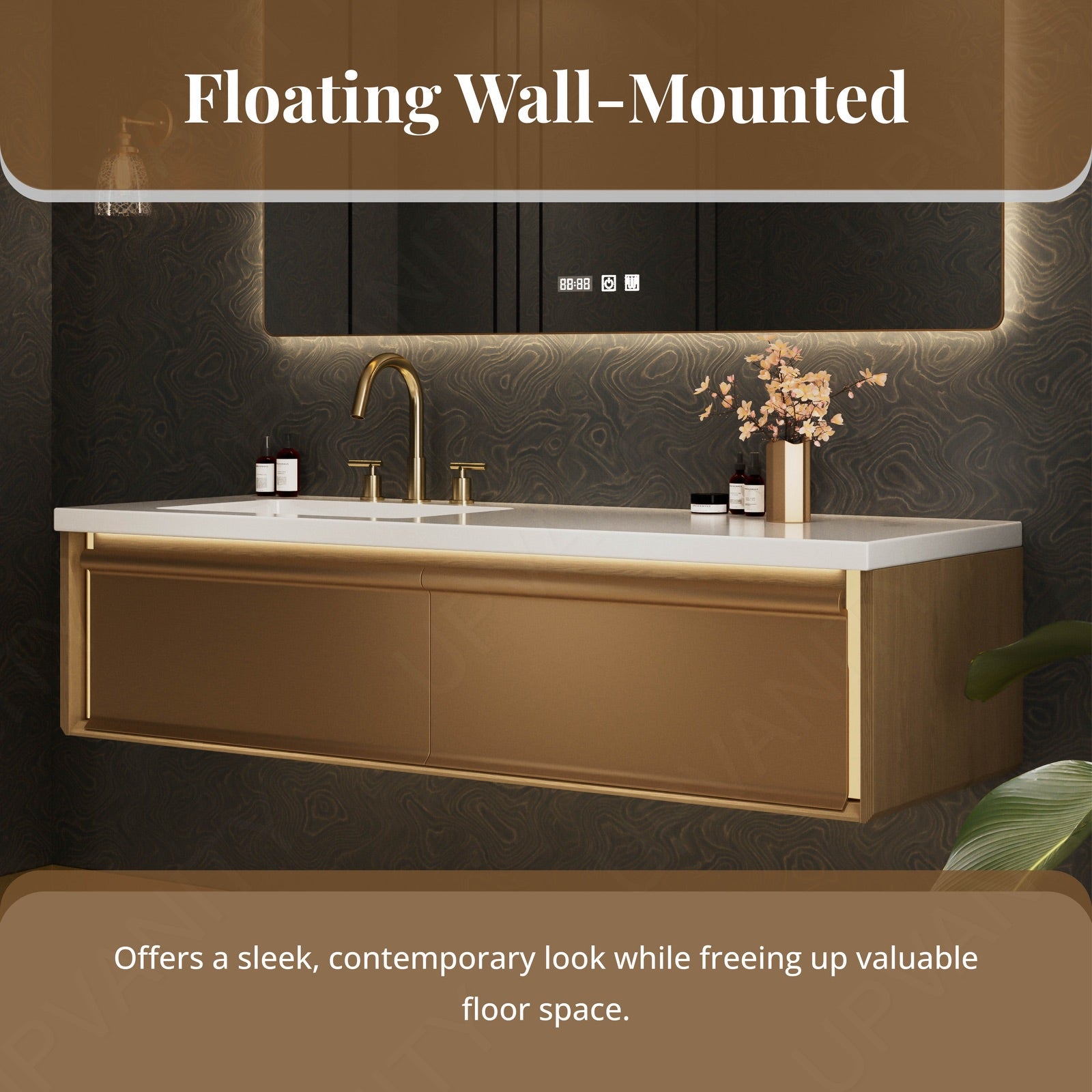 Luxury Bath Vanity Set, Gold, White Slate Top, 44"-64", Single, Floatig, Rectangular Smart LED Mirror, Sensor Light