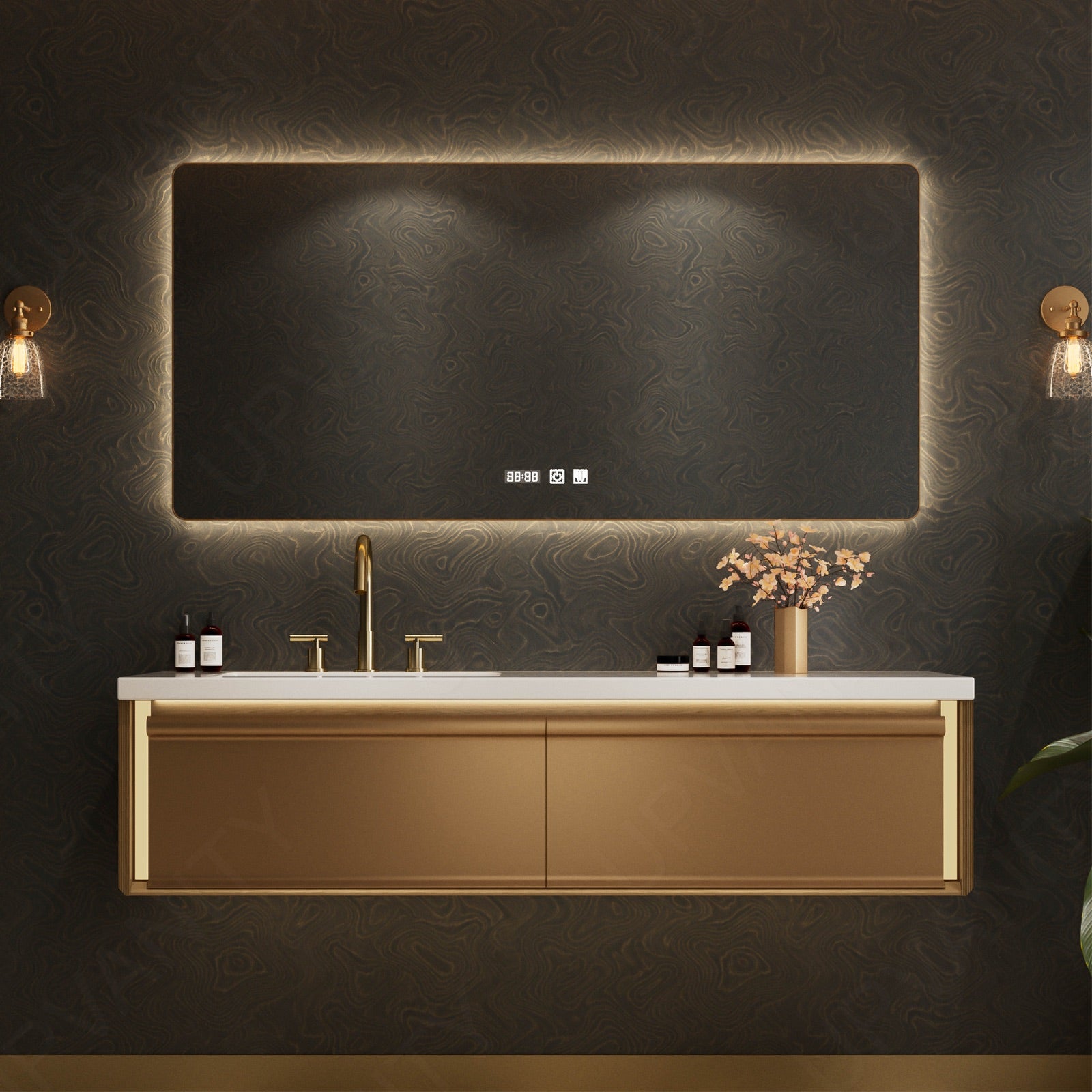 Luxury Bath Vanity Set, Gold, White Slate Top, 44"-64", Single, Floatig, Rectangular Smart LED Mirror, Sensor Light
