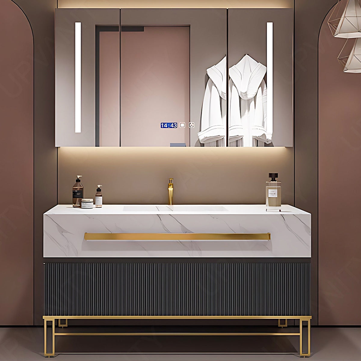 Luxury Bath Vanity Set, Gray, Gold Accents, 32"- 68", Single, Freestanding, Smart LED Mirror, Rear Cabinet