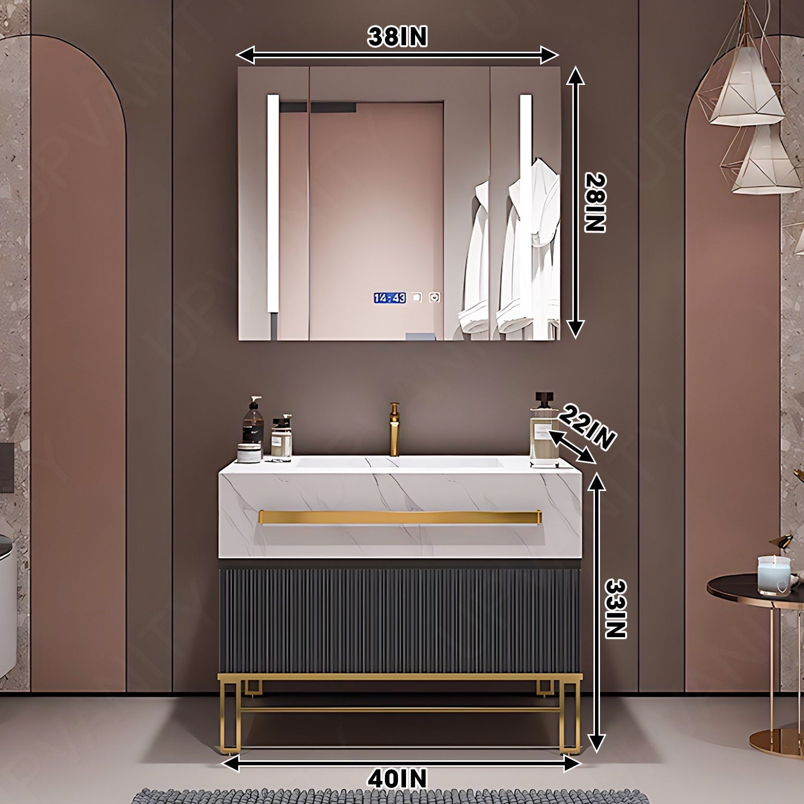 Luxury Bath Vanity Set, Gray, Gold Accents, 36"- 60", Single, Freestanding, Smart LED Mirror, Rear Cabinet