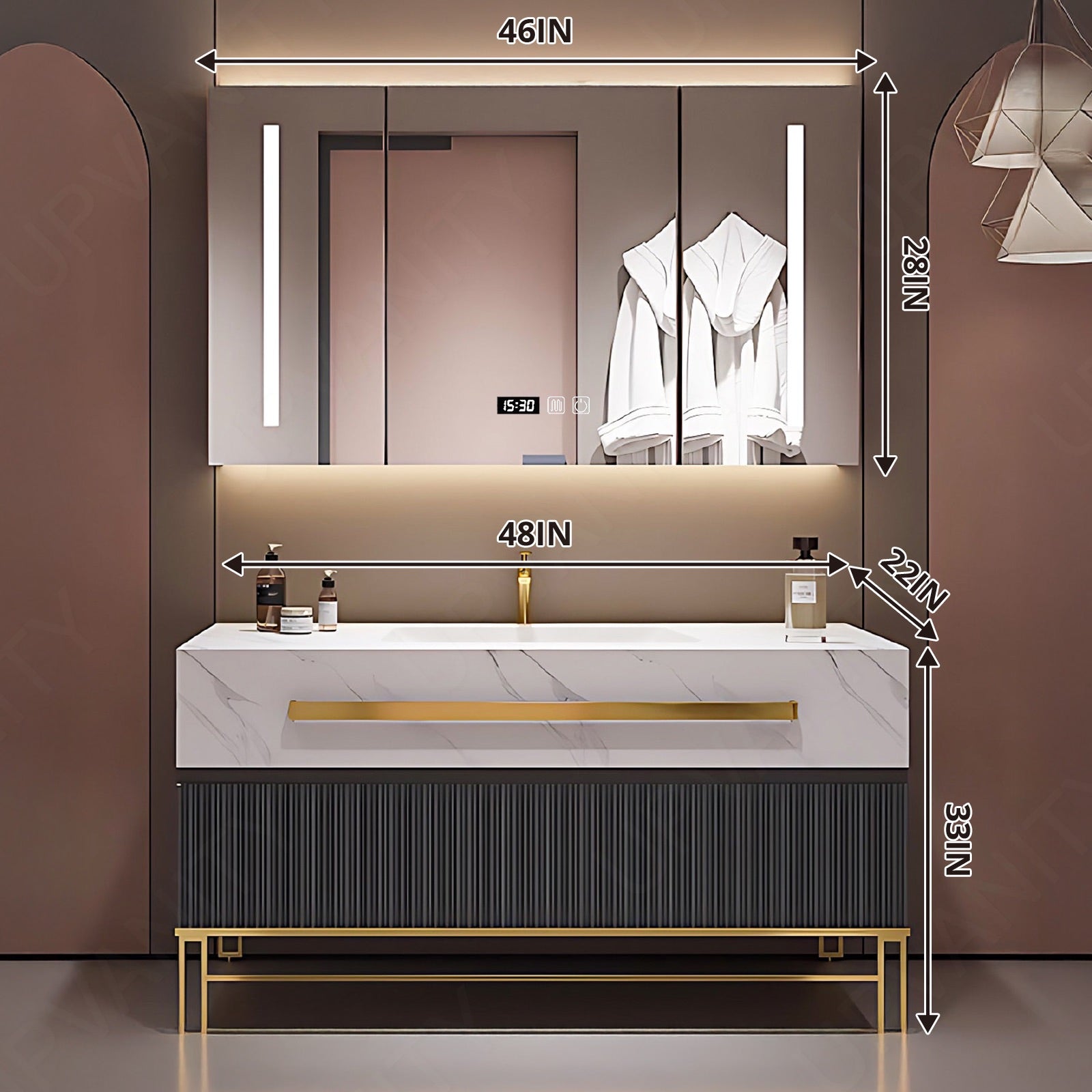 Luxury Bath Vanity Set, Gray, Gold Accents, 36"- 60", Single, Freestanding, Smart LED Mirror, Rear Cabinet