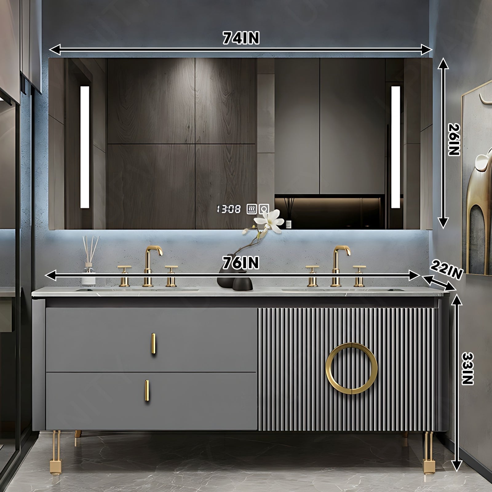 Luxury Bath Vanity Set, Gray, Gold Accents, 36"- 78", Double, Freestanding, Smart LED Mirror, Rear Cabinet