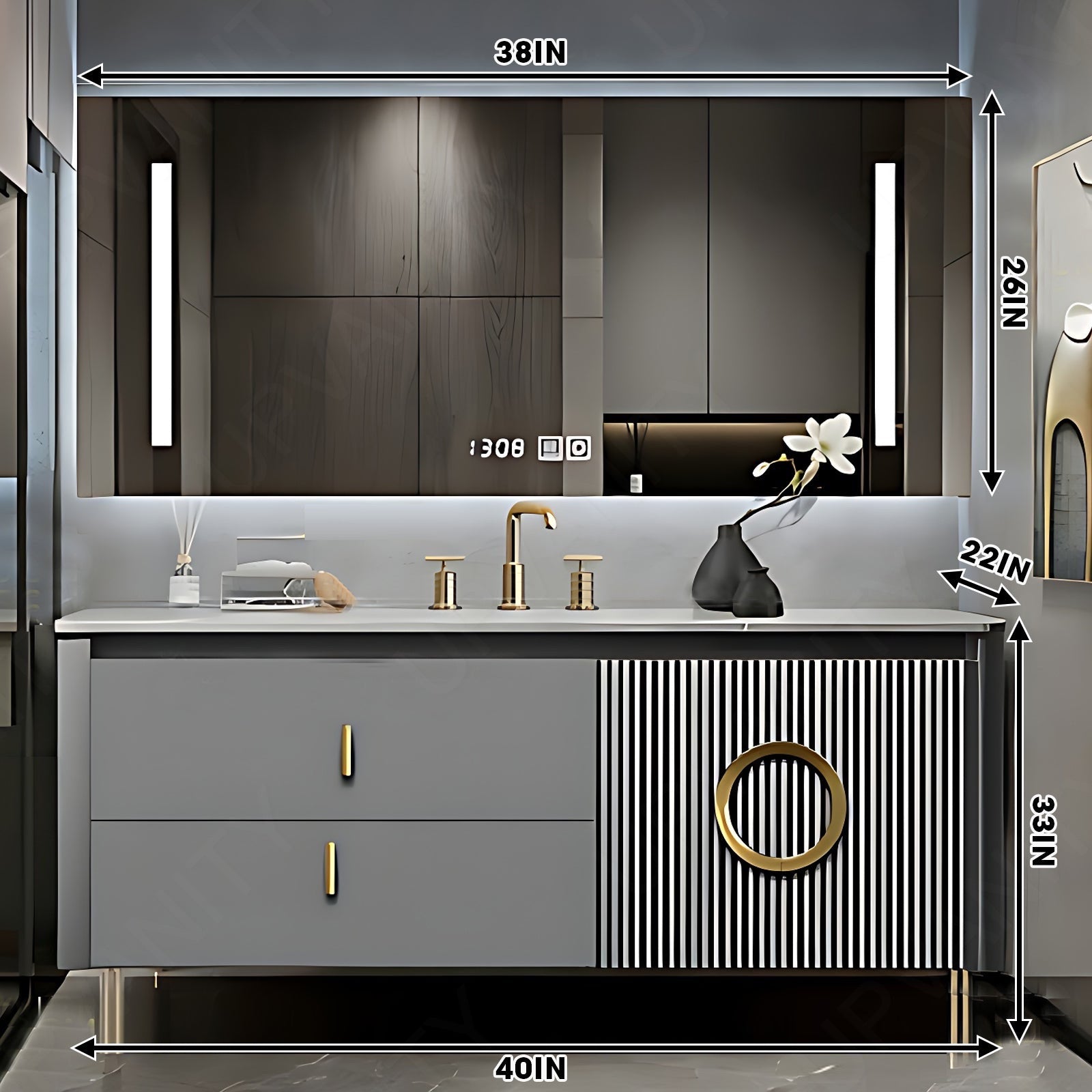 Luxury Bath Vanity Set, Gray, Gold Accents, 36"- 78", Double, Freestanding, Smart LED Mirror, Rear Cabinet
