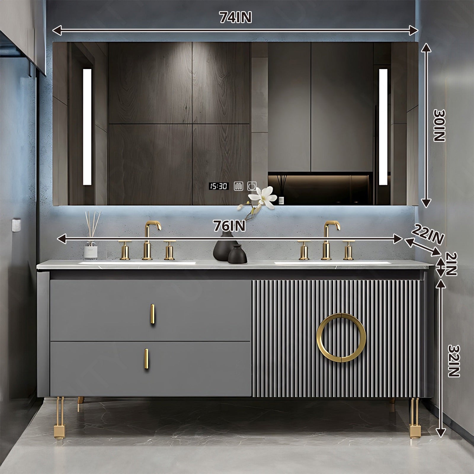 Luxury Bath Vanity Set, Gray, Gold Accents, 52"- 78", Double, Freestanding, Smart LED Mirror, Rear Cabinet