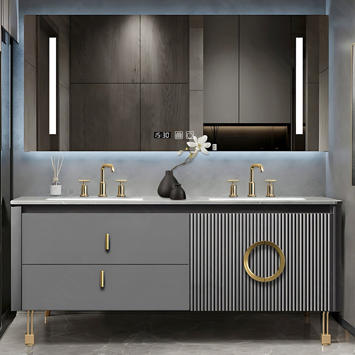 Luxury Bath Vanity Set, Gray, Gold Accents, 52"- 78", Double, Freestanding, Smart LED Mirror, Rear Cabinet
