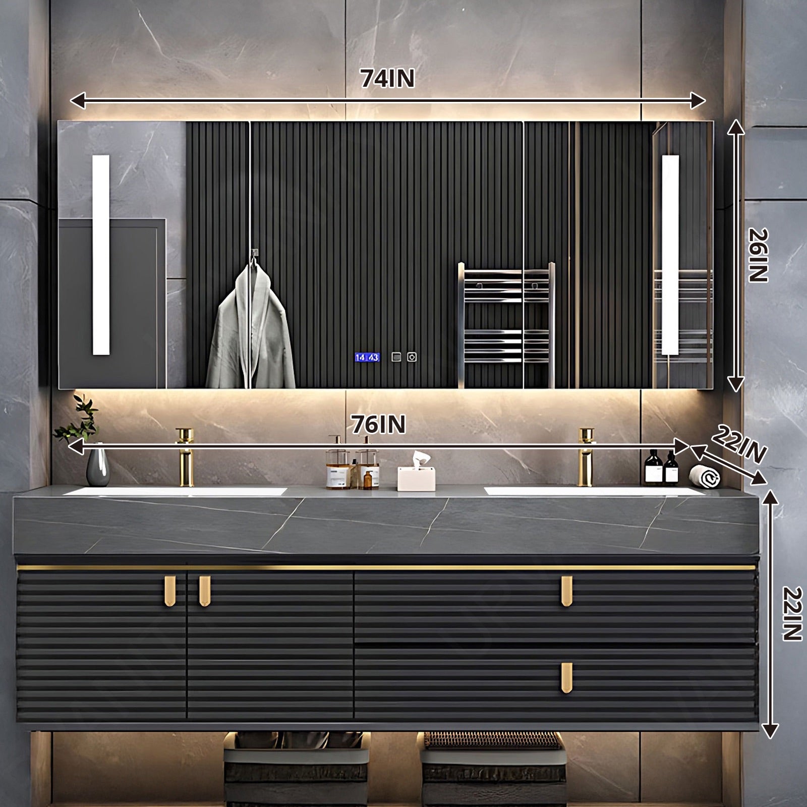 Luxury Bath Vanity Set, Gray, Striped Panel, 56"- 78", Double, Floating, Smart LED Mirror, Rear Cabinet
