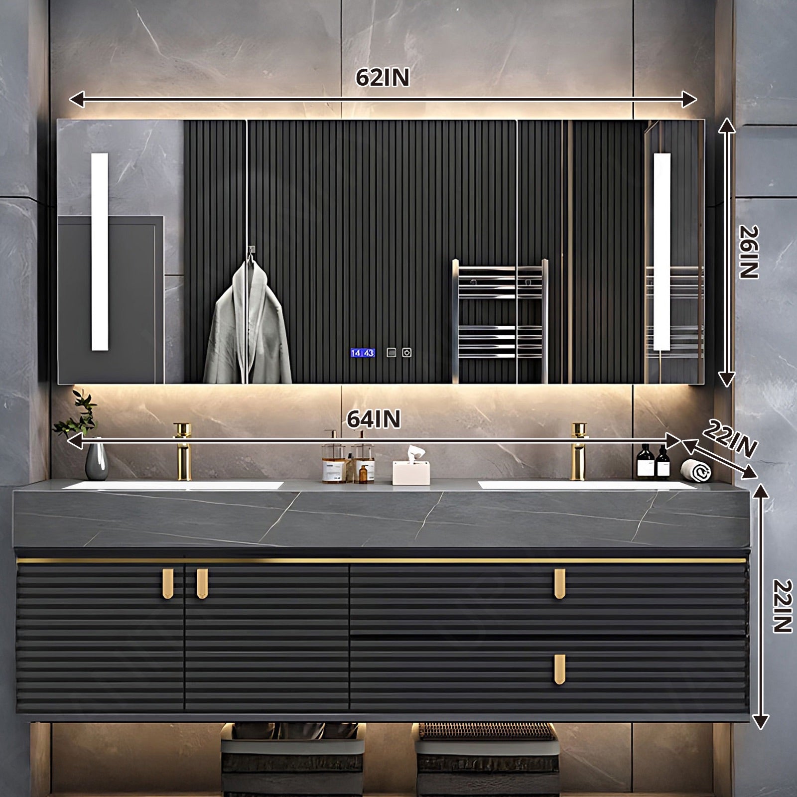 Luxury Bath Vanity Set, Gray, Striped Panel, 56"- 78", Double, Floating, Smart LED Mirror, Rear Cabinet