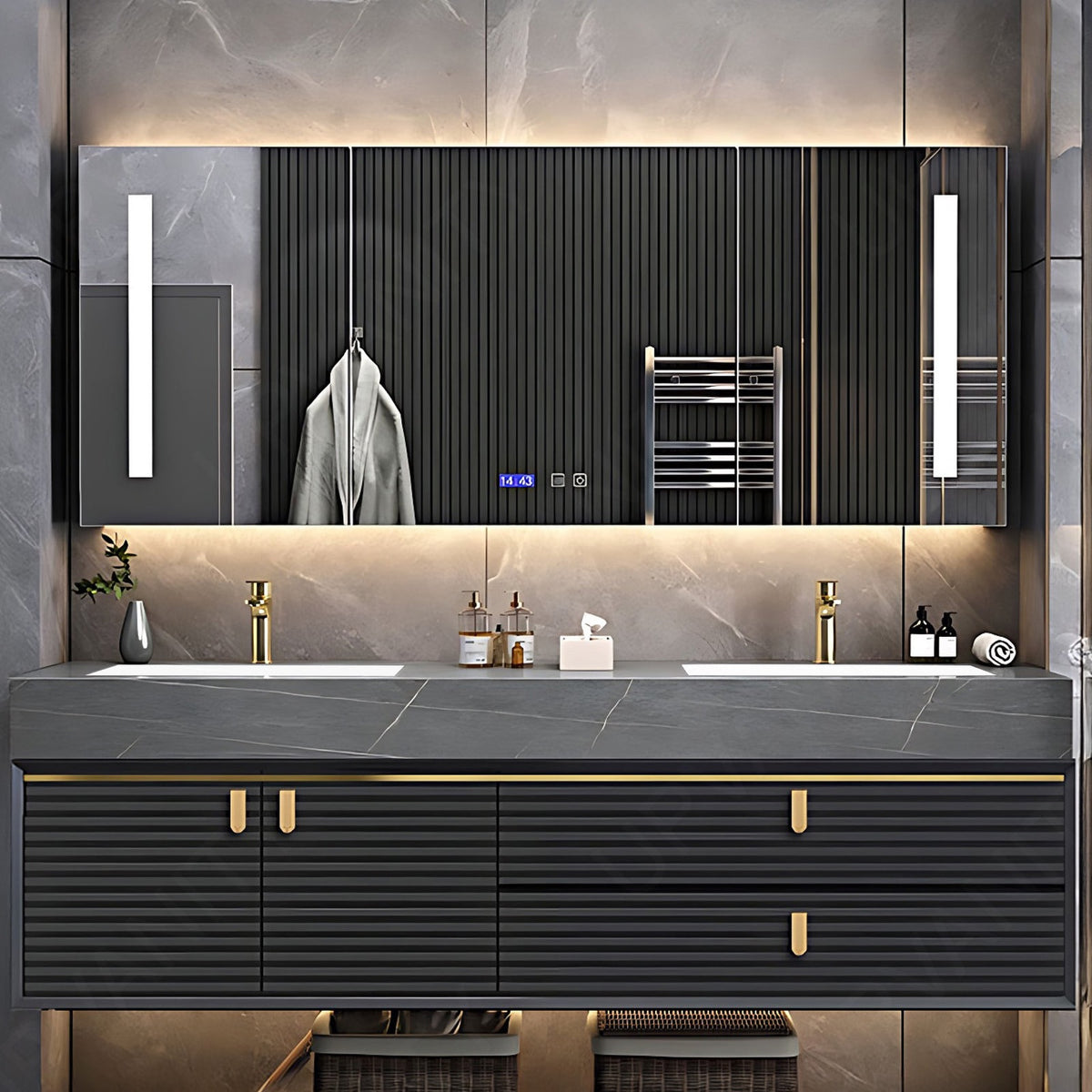 Luxury Bath Vanity Set, Gray, Striped Panel, 56"- 78", Double, Floating, Smart LED Mirror, Rear Cabinet