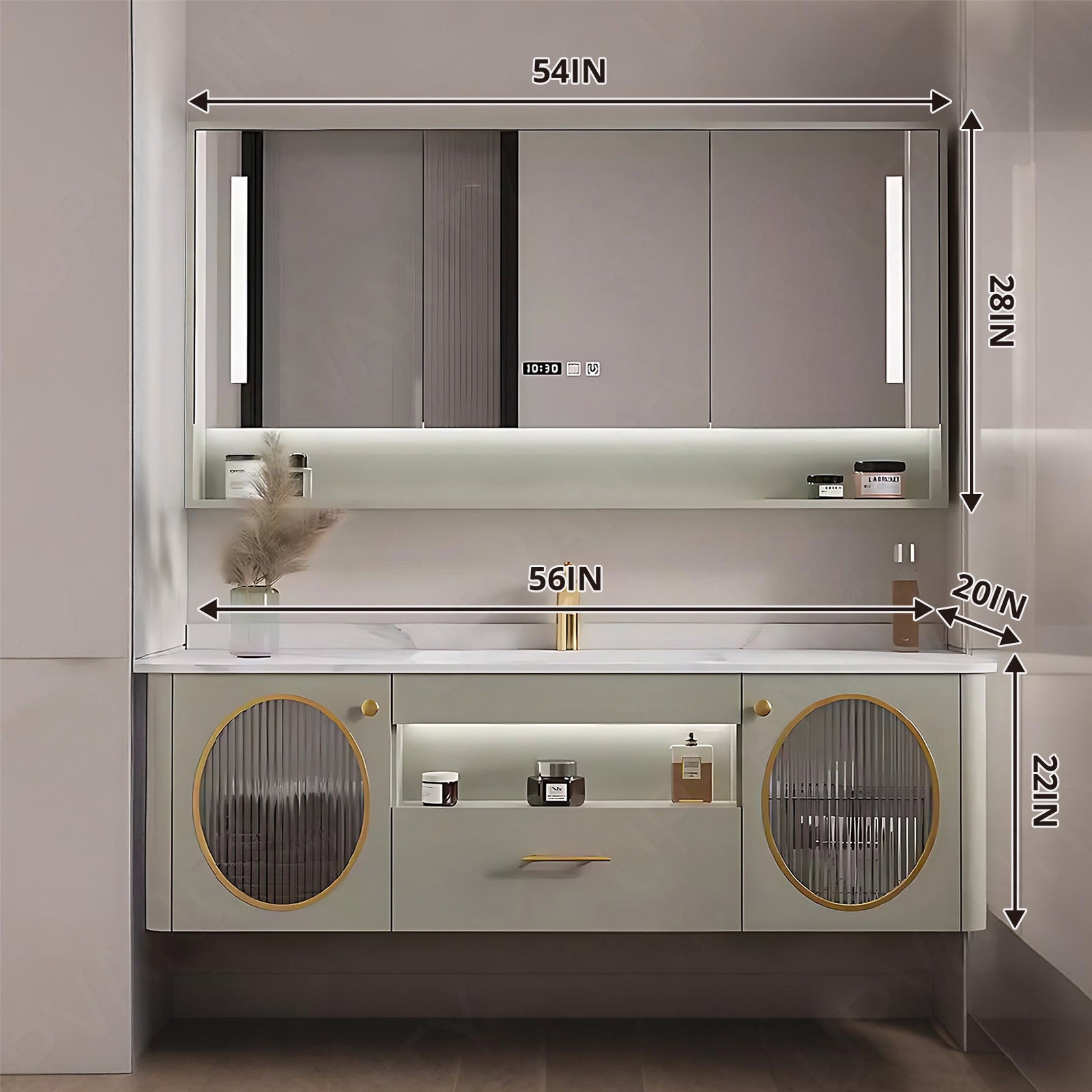 Luxury Bath Vanity Set, Green, Glass Door, 40"- 72", Single, Floating, Smart LED Mirror, Rear Cabinet