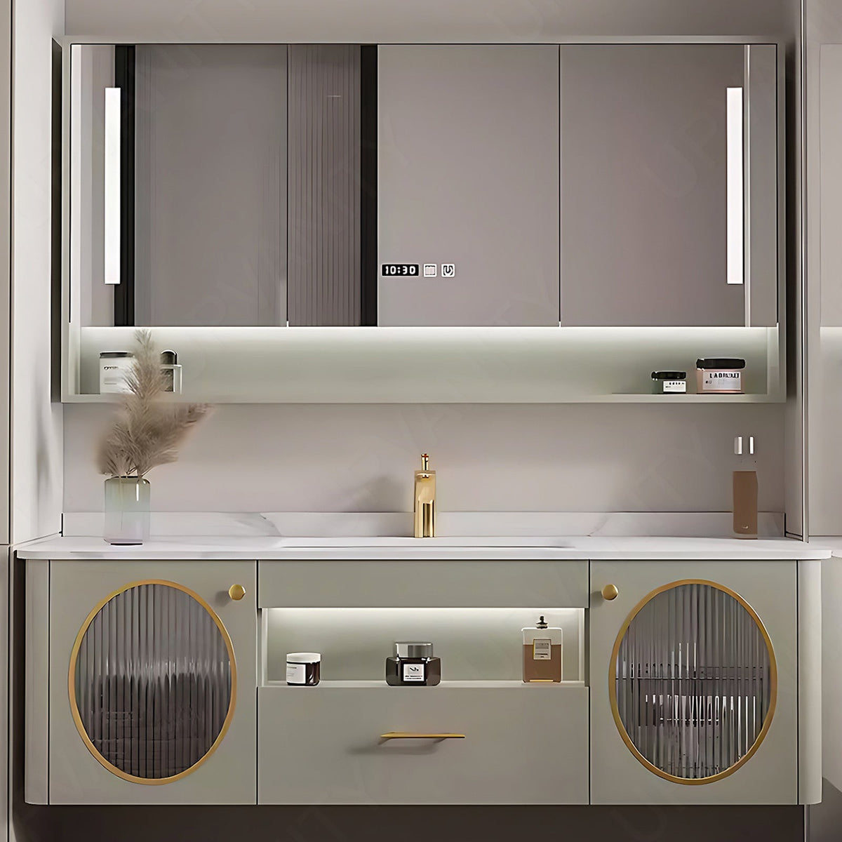 Luxury Bath Vanity Set, Green, Glass Door, 40"- 72", Single, Floating, Smart LED Mirror, Rear Cabinet