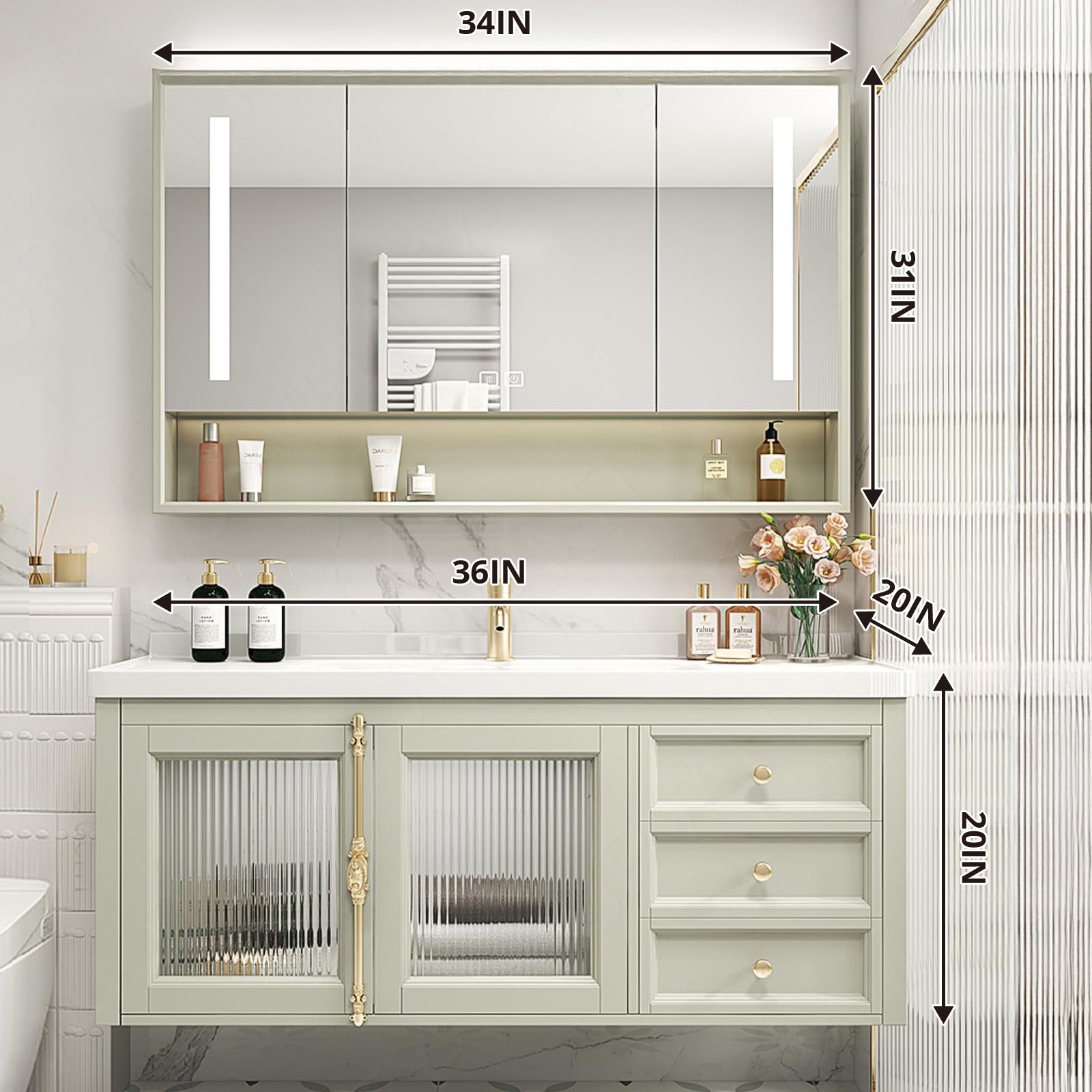 Luxury Bath Vanity Set, Green, Gold Accents, 36"- 48", Single, Floating, Smart LED Mirror, Rear Cabinet