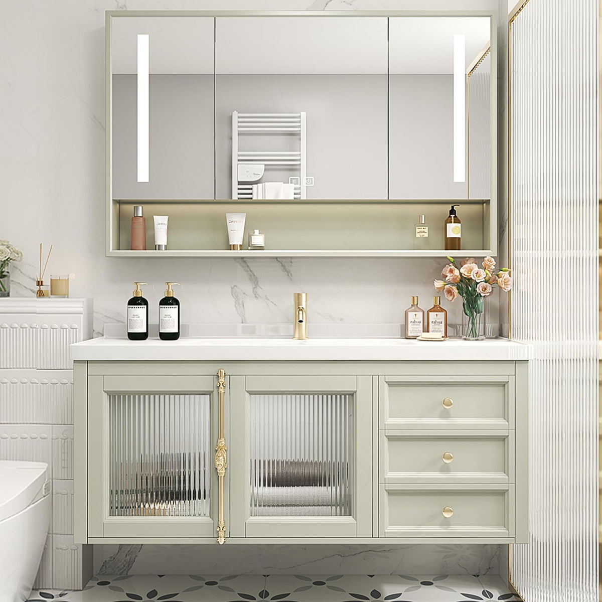Luxury Bath Vanity Set, Green, Gold Accents, 36"- 48", Single, Floating, Smart LED Mirror, Rear Cabinet