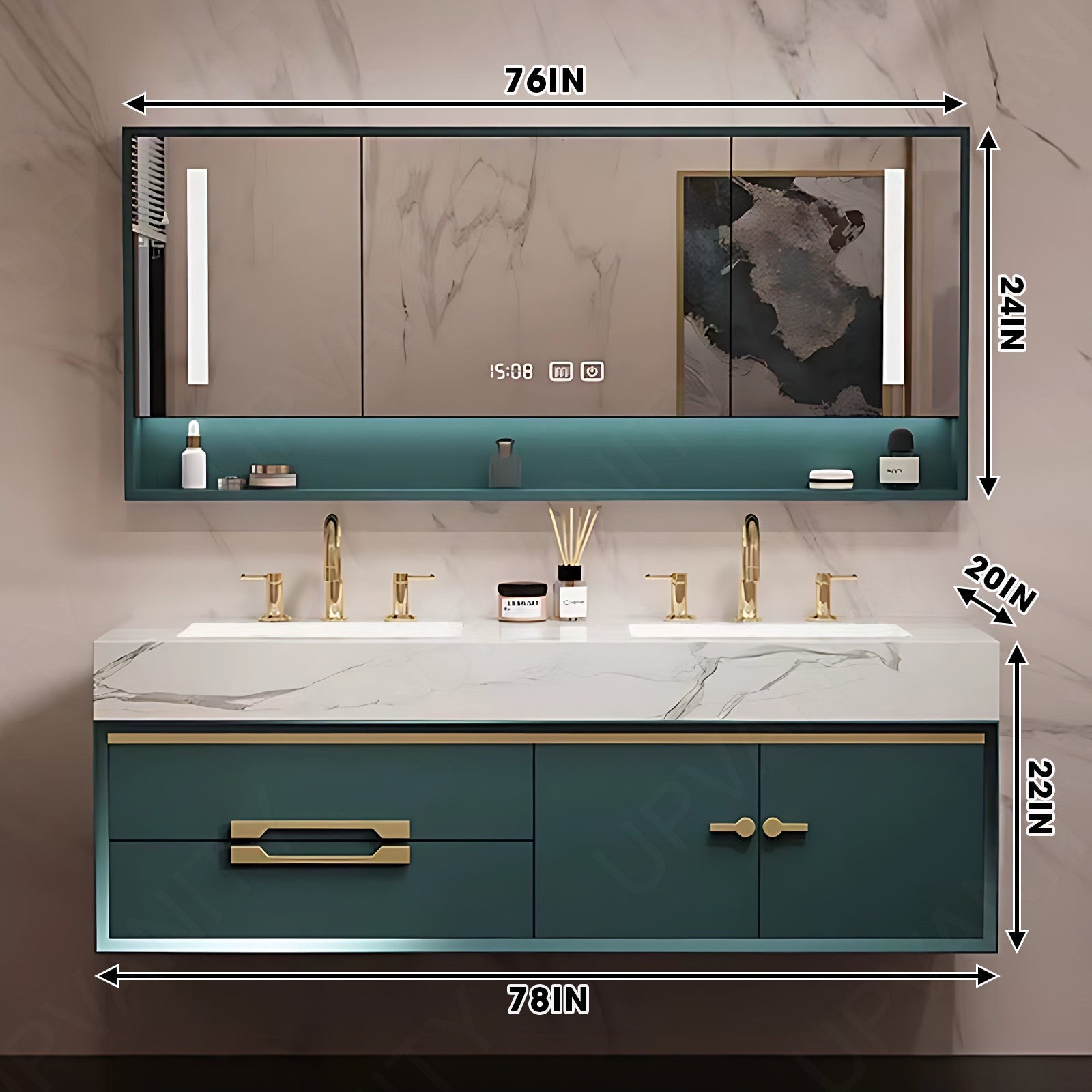 Luxury Bath Vanity Set, Green, Gold Accents, 36"- 78", Single/Double, Floating, Smart LED Mirror, Rear Cabinet