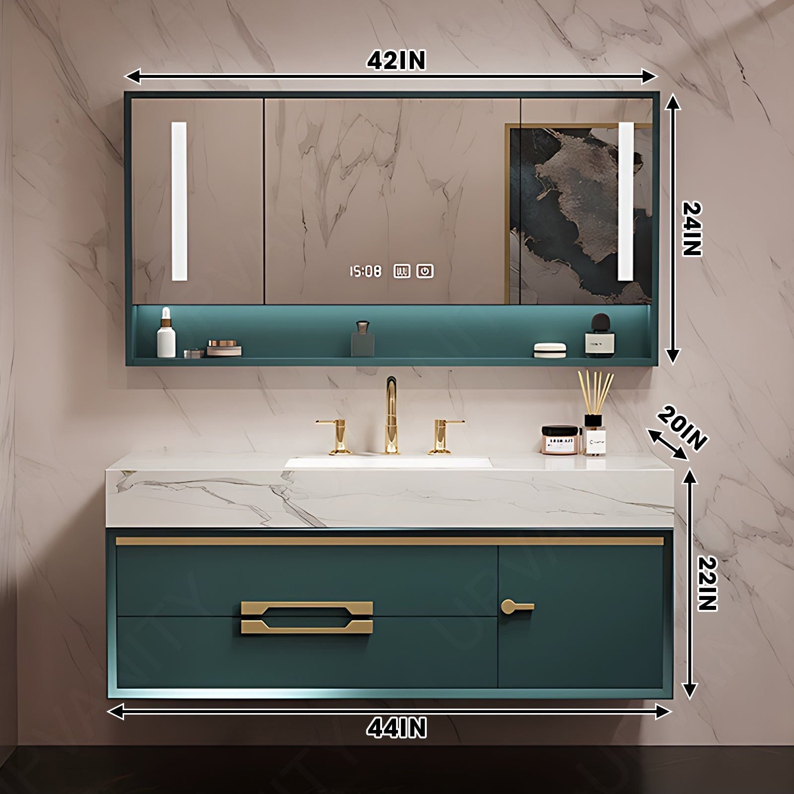 Luxury Bath Vanity Set, Green, Gold Accents, 36"- 78", Single/Double, Floating, Smart LED Mirror, Rear Cabinet