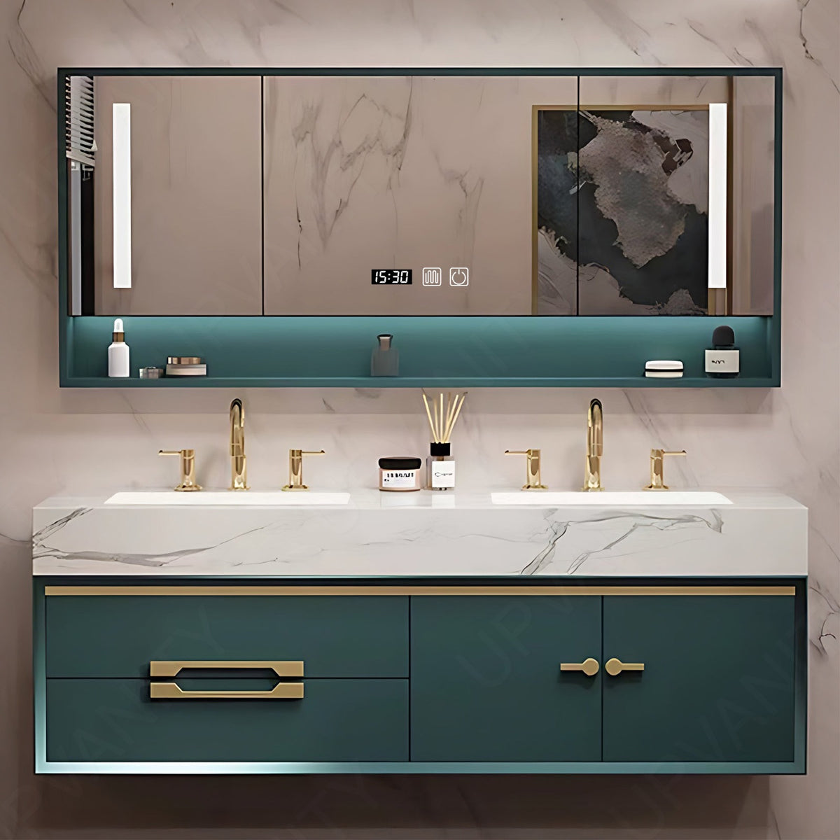 Luxury Bath Vanity Set, Green, Gold Accents, 36"- 78", Single/Double, Floating, Smart LED Mirror, Rear Cabinet