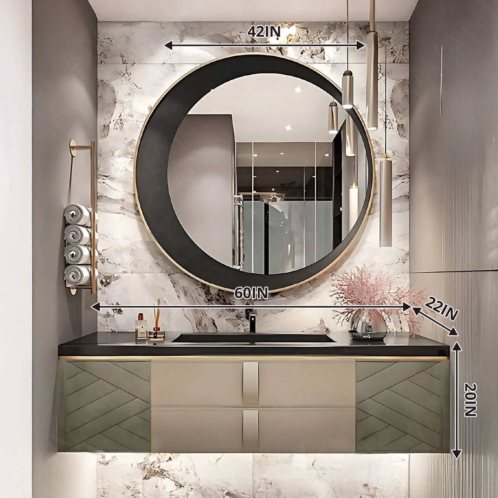 Luxury Bath Vanity Set, Green, Gold Accents, 40"- 60", Single, Floating, Round Smart LED Mirror