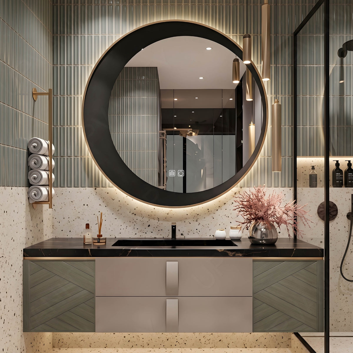 Luxury Bath Vanity Set, Green, Gold Accents, 40"- 60", Single, Floating, Round Smart LED Mirror