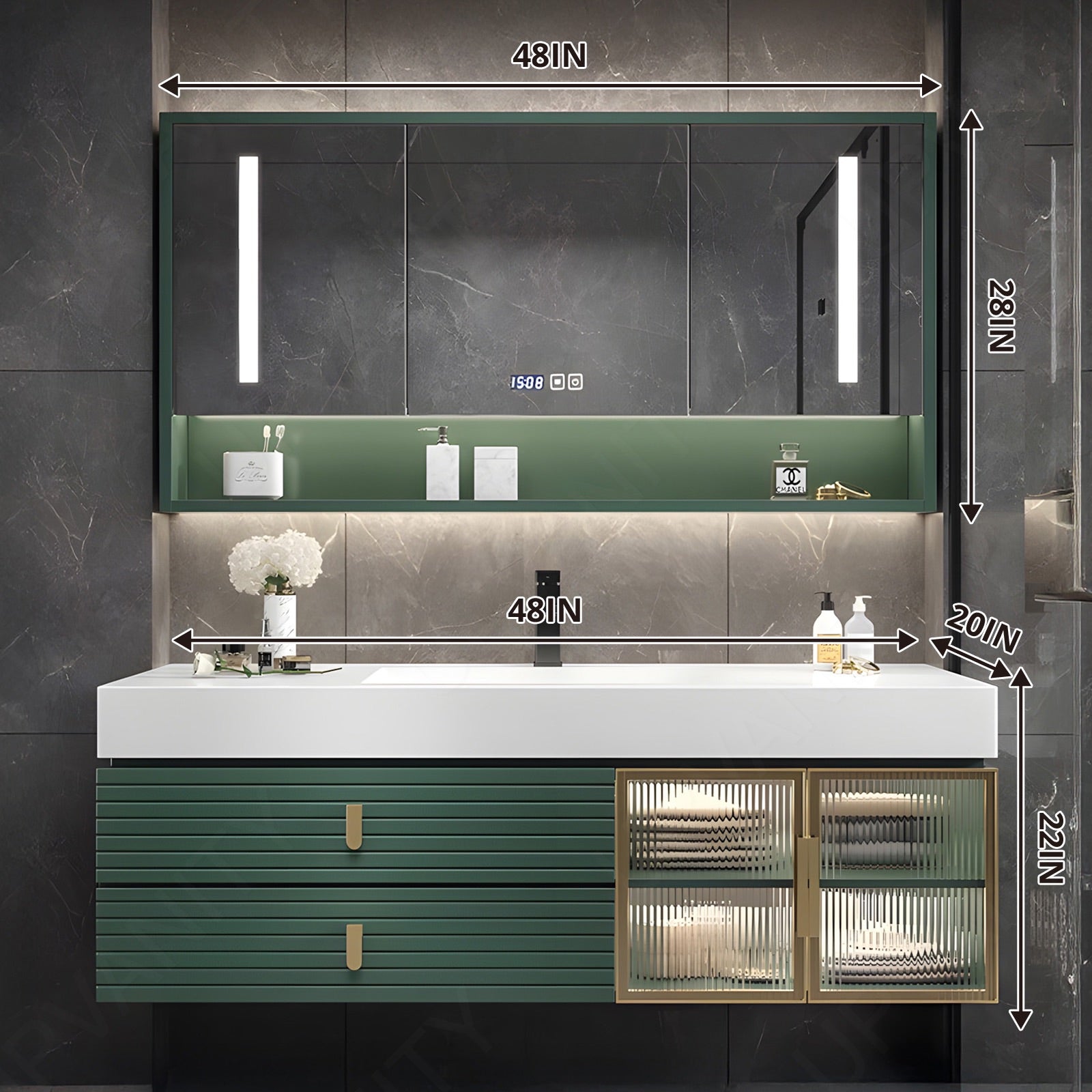 Luxury Bath Vanity Set, Green, Gold Accents, 40"-68", Single, Floating, Glass Door, Striped Panel, Smart LED Mirror