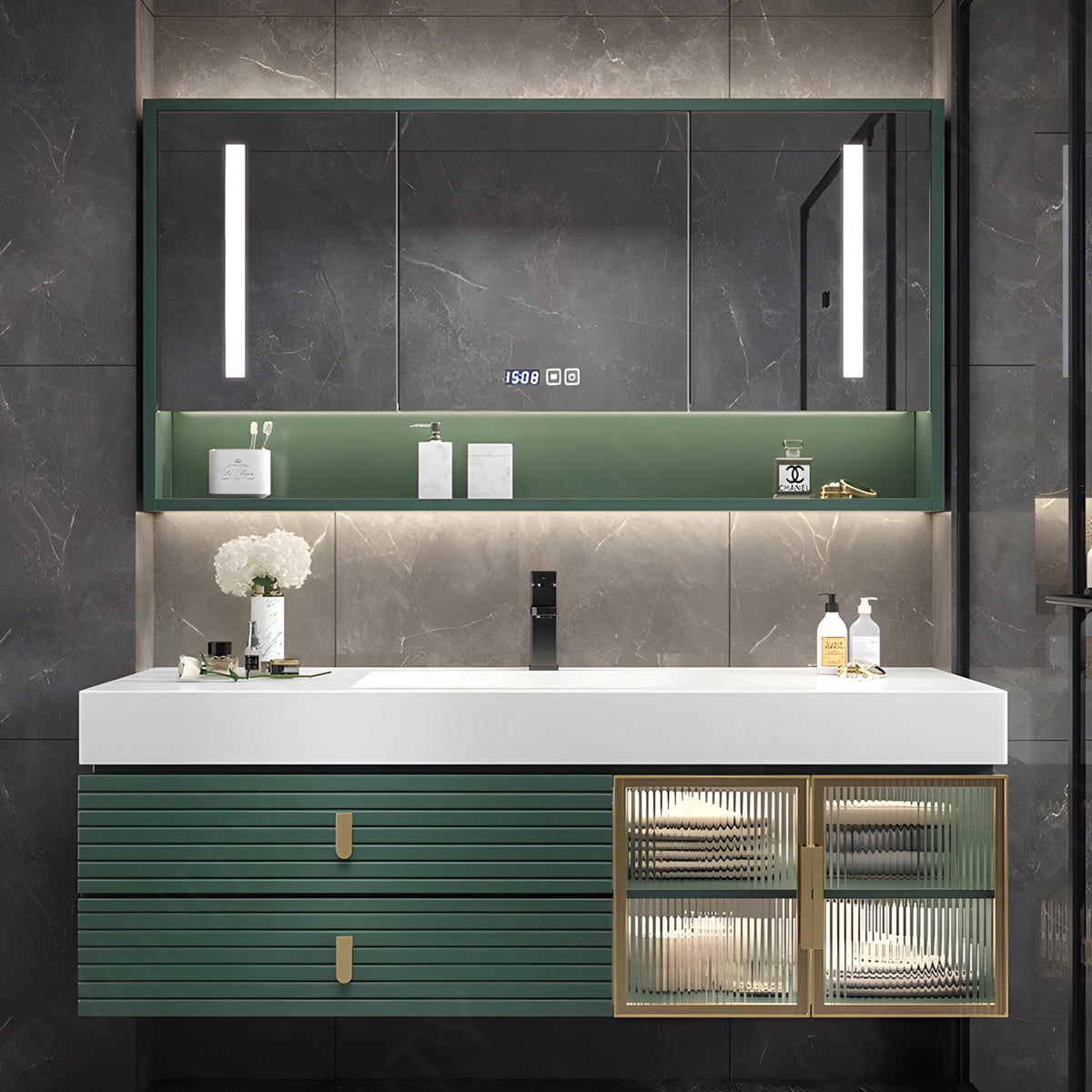 Luxury Bath Vanity Set, Green, Gold Accents, 40"-68", Single, Floating, Glass Door, Striped Panel, Smart LED Mirror