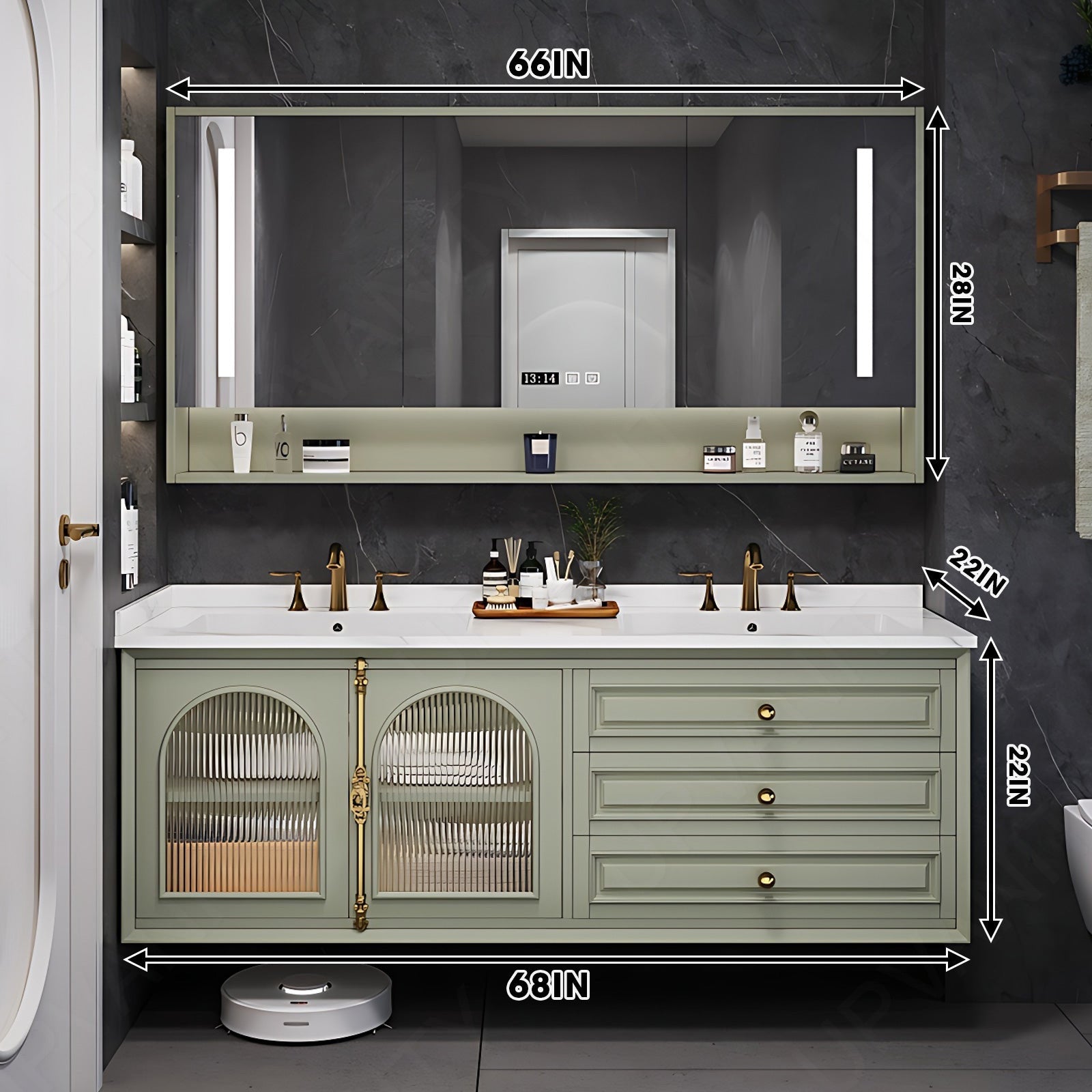 Luxury Bath Vanity Set, Green, Gold Accents, 52"- 78", Double, Floating, Smart LED Mirror, Rear Cabinet