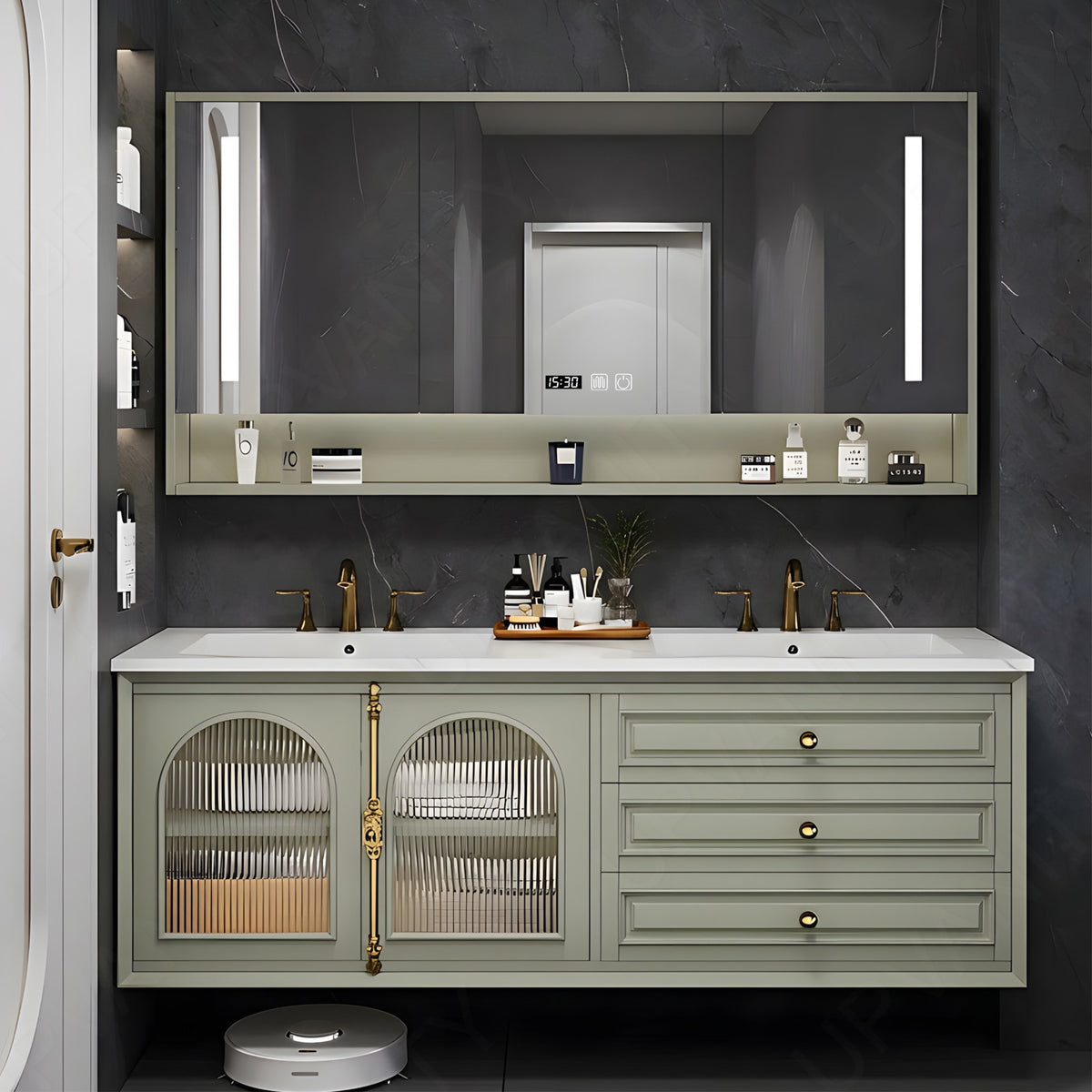 Luxury Bath Vanity Set, Green, Gold Accents, 52"- 78", Double, Floating, Smart LED Mirror, Rear Cabinet