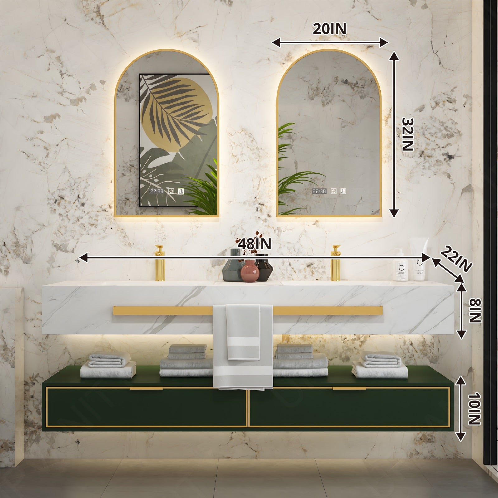 Luxury Bath Vanity Set, Green, Gold Accents, Split Marble Textured Top, 40"-64", Double, Floating, Dual Smart LED Mirror, Towel Rack