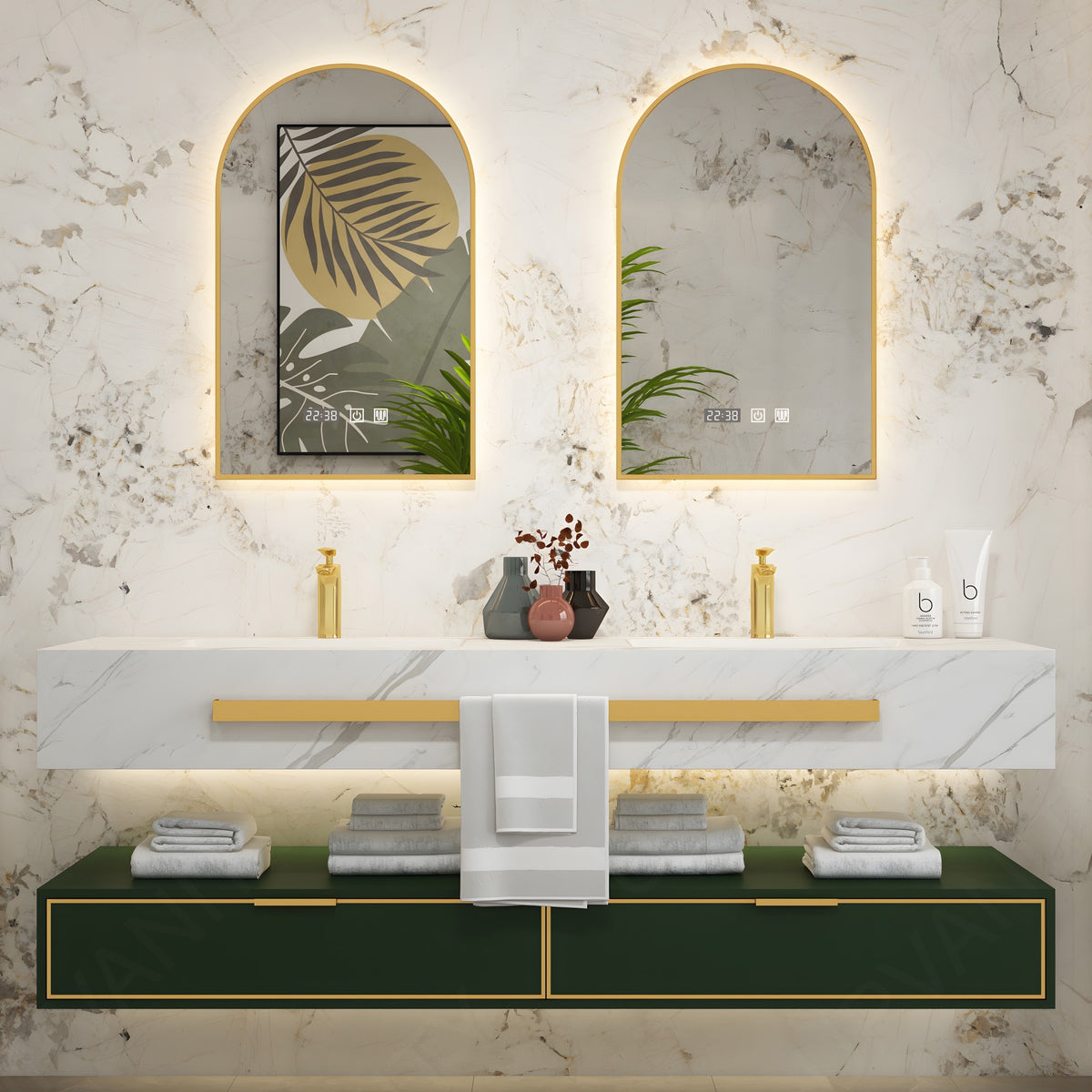 Luxury Bath Vanity Set, Green, Gold Accents, Split Marble Textured Top, 40"-64", Double, Floating, Dual Smart LED Mirror, Towel Rack