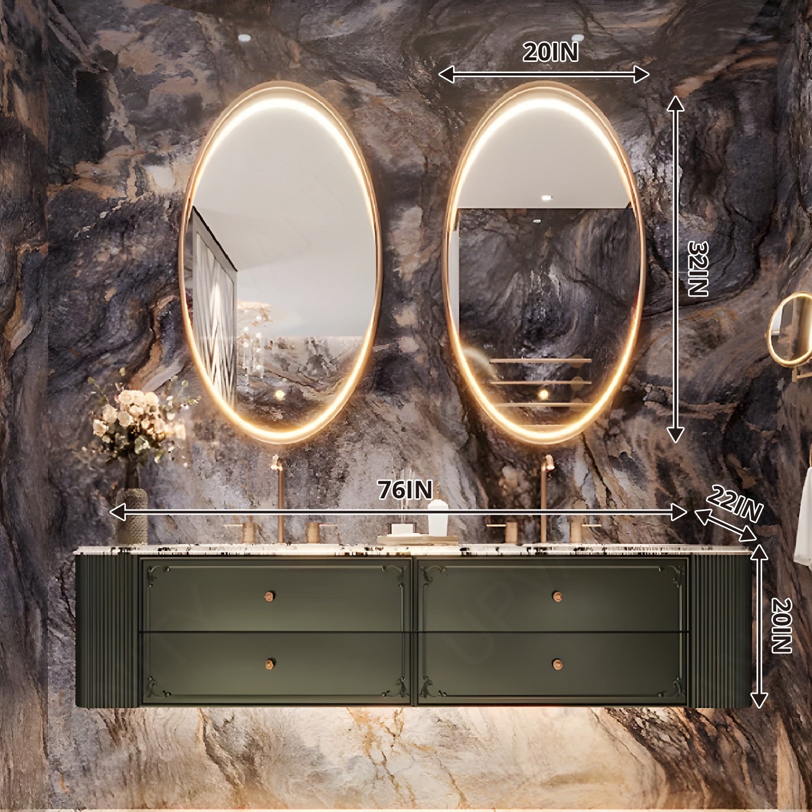 Luxury Bath Vanity Set, Green, Marble Textured Top, 52"-78", Double, Floating, Dual Oval Smart LED Mirror