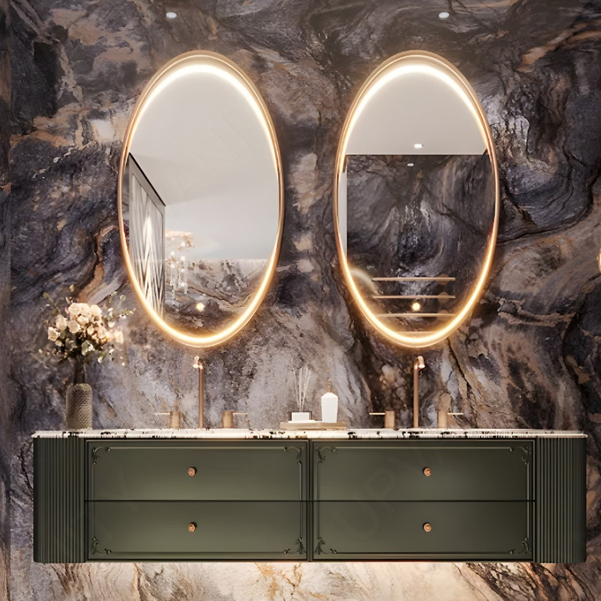 Luxury Bath Vanity Set, Green, Marble Textured Top, 52"-78", Double, Floating, Dual Oval Smart LED Mirror
